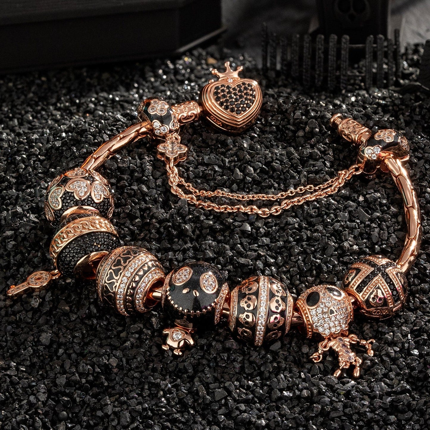 Sterling Silver Crimson Skull Charms Bracelet Set With Enamel In Rose Gold Plated (Includes bracelet and all charms shown)