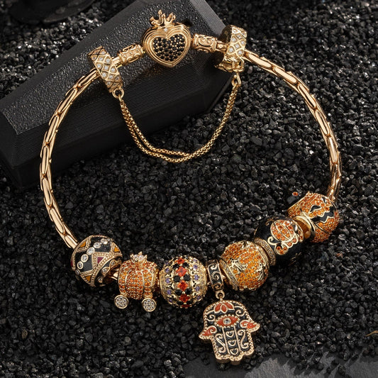 gona- Sterling Silver Whimsical Pumpkin Journey Charms Bracelet Set With Enamel In 14K Gold Plated (Includes bracelet and all charms shown)