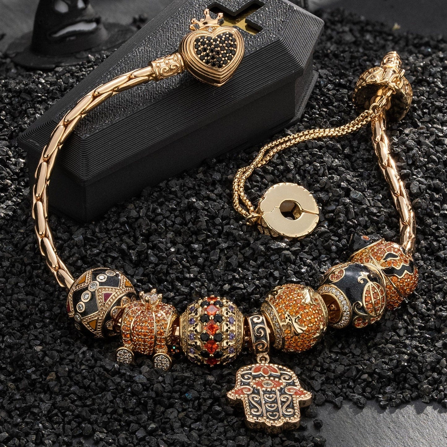 Sterling Silver Whimsical Pumpkin Journey Charms Bracelet Set With Enamel In 14K Gold Plated (Includes bracelet and all charms shown)