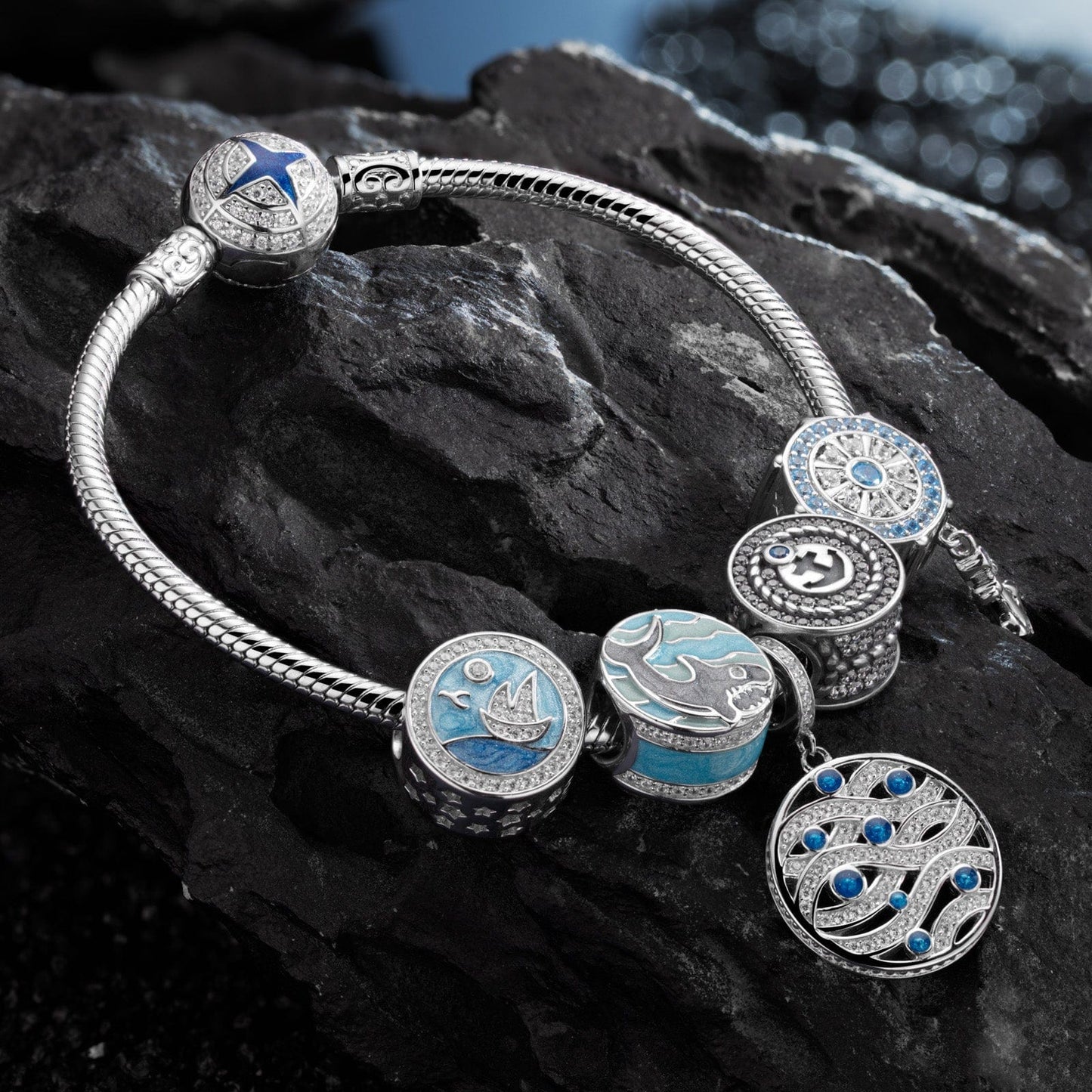 Sterling Silver Island Adventures Charms Bracelet Set With Enamel In White Gold Plated (Includes bracelet and all charms shown)