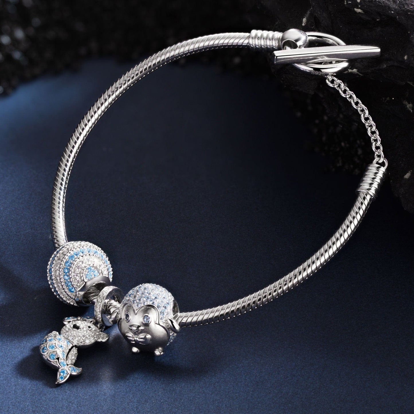 Sterling Silver Mermaid Bear Penguin Charms Bracelet Set In White Gold Plated (Includes bracelet and all charms shown)