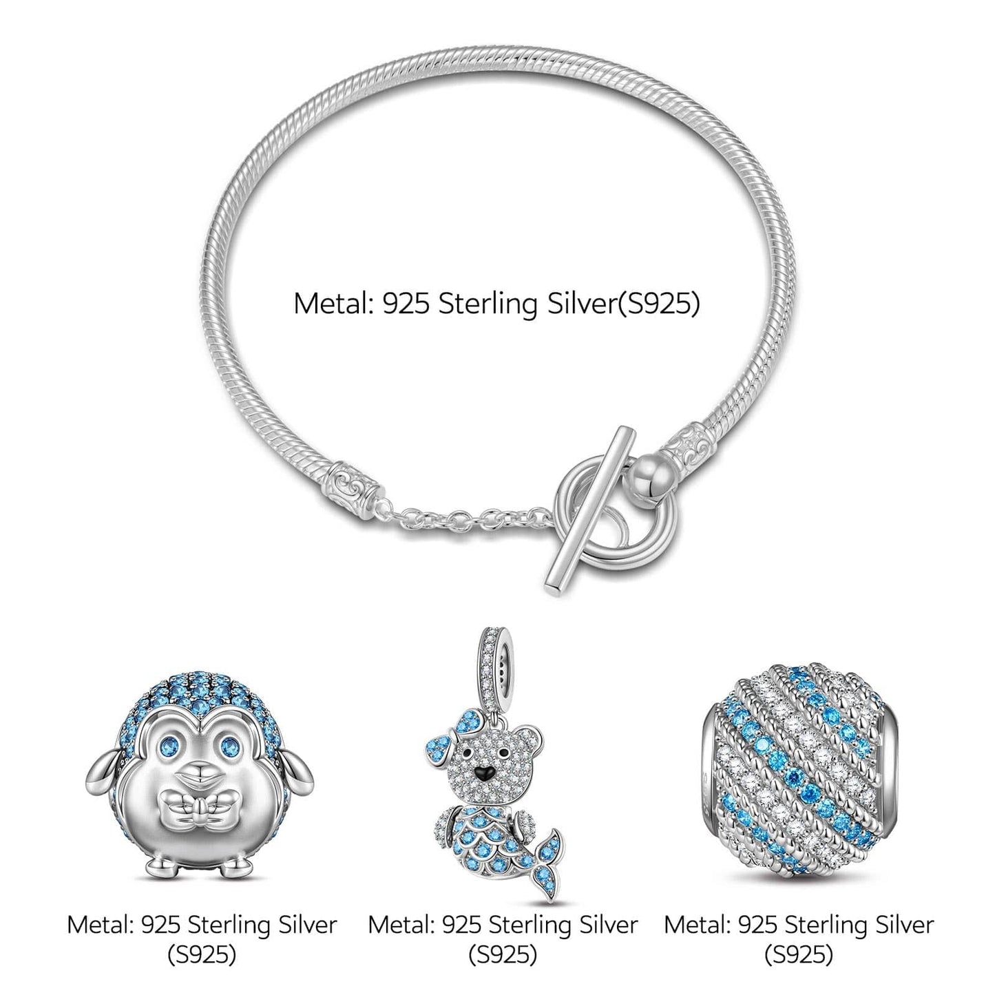 Sterling Silver Mermaid Bear Penguin Charms Bracelet Set In White Gold Plated (Includes bracelet and all charms shown)