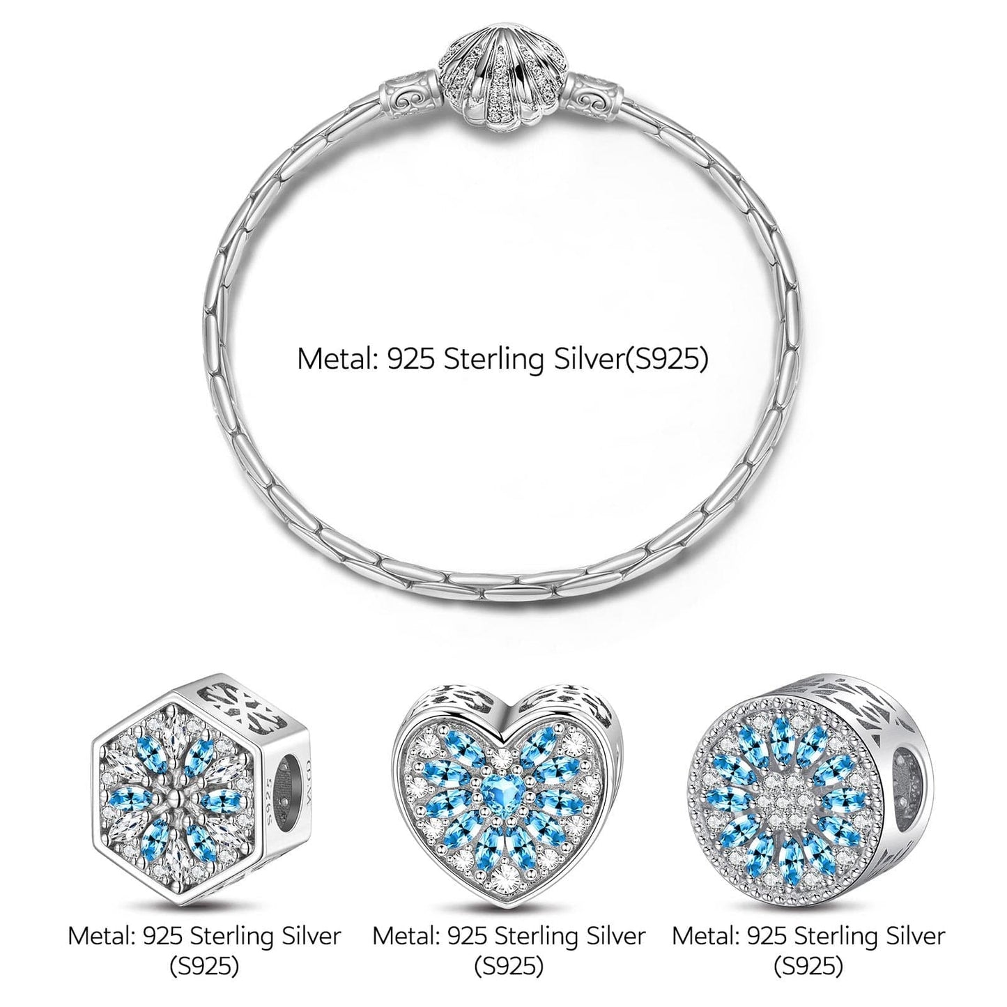 Sterling Silver Blue Ice Crystals Charms Bracelet Set In White Gold Plated (Includes bracelet and all charms shown)