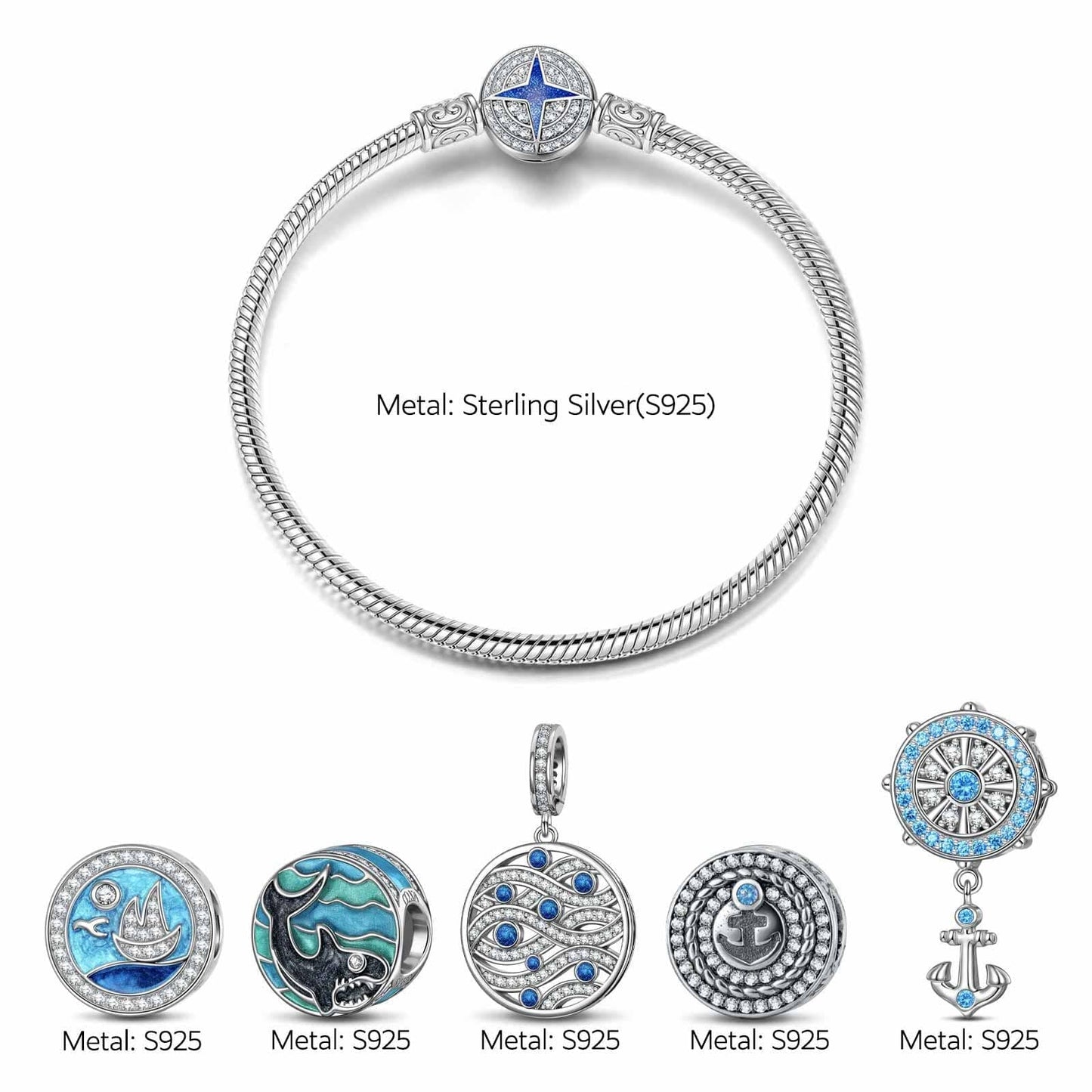 Sterling Silver Island Adventures Charms Bracelet Set With Enamel In White Gold Plated (Includes bracelet and all charms shown)