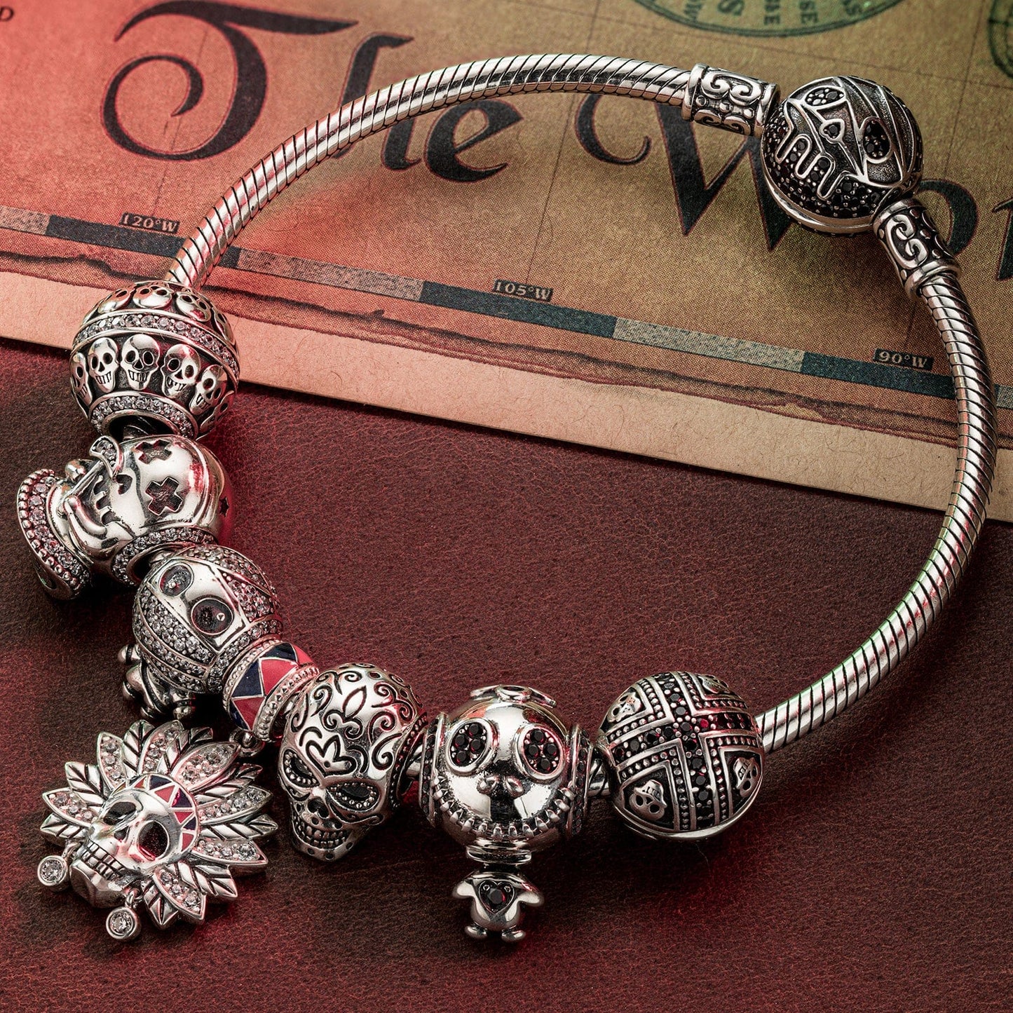 Sterling Silver Skeleton Tribe Charms Bracelet Set With Enamel In White Gold Plated (Includes bracelet and all charms shown)