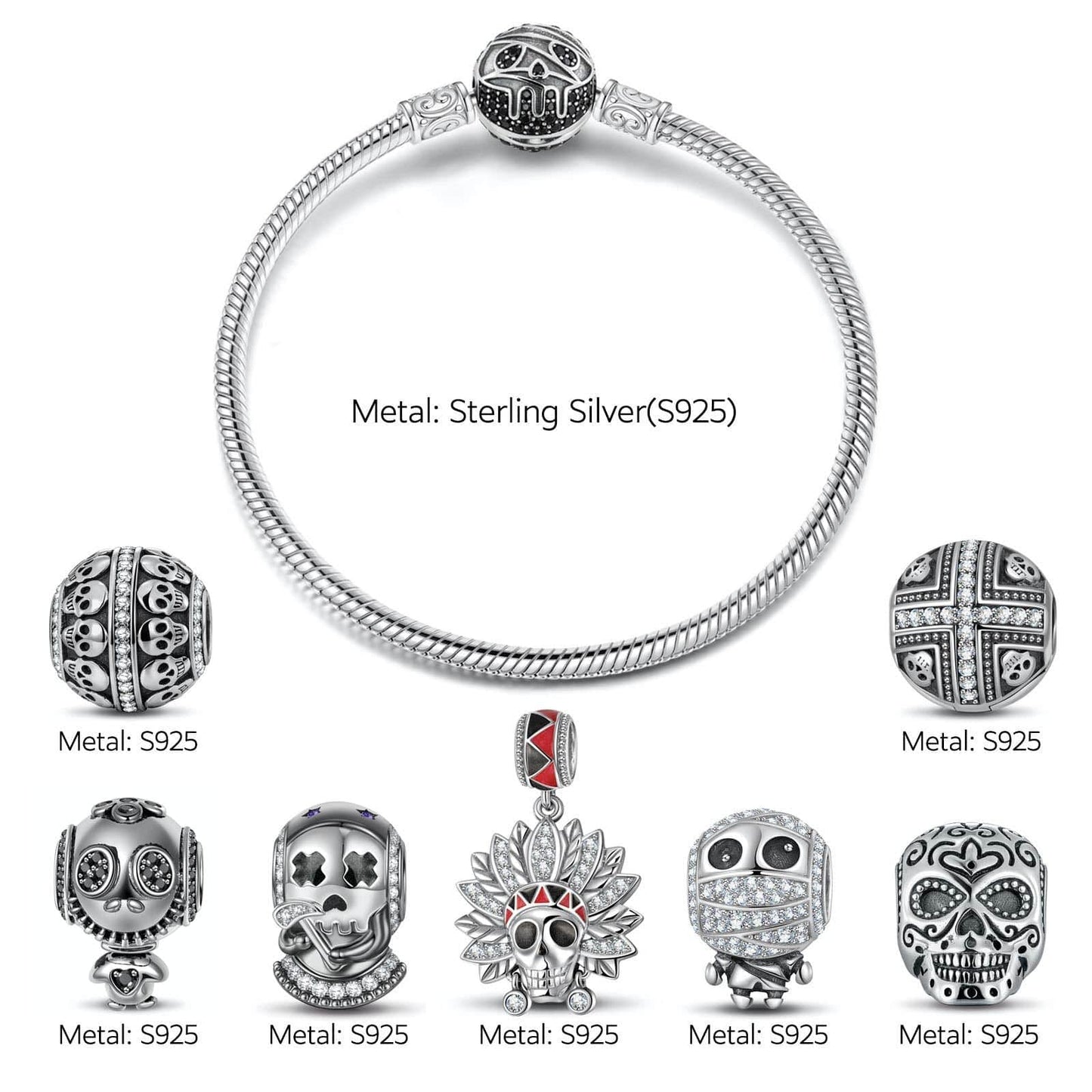 Sterling Silver Skeleton Tribe Charms Bracelet Set With Enamel In White Gold Plated (Includes bracelet and all charms shown)