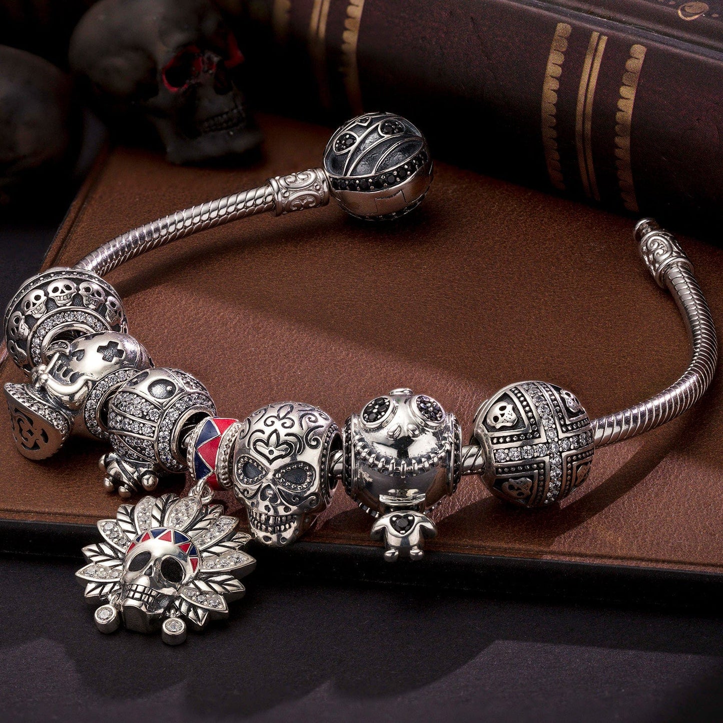 Sterling Silver Skeleton Tribe Charms Bracelet Set With Enamel In White Gold Plated (Includes bracelet and all charms shown)