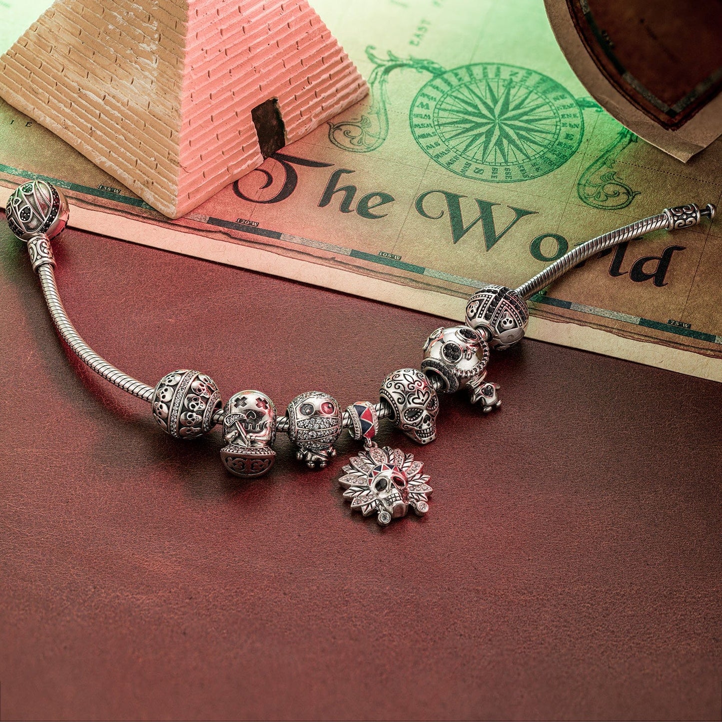 Sterling Silver Skeleton Tribe Charms Bracelet Set With Enamel In White Gold Plated (Includes bracelet and all charms shown)