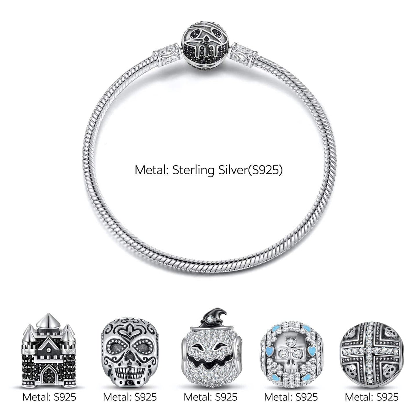 Sterling Silver Halloween Castle Charms Bracelet Set With Enamel In White Gold Plated (Includes bracelet and all charms shown)