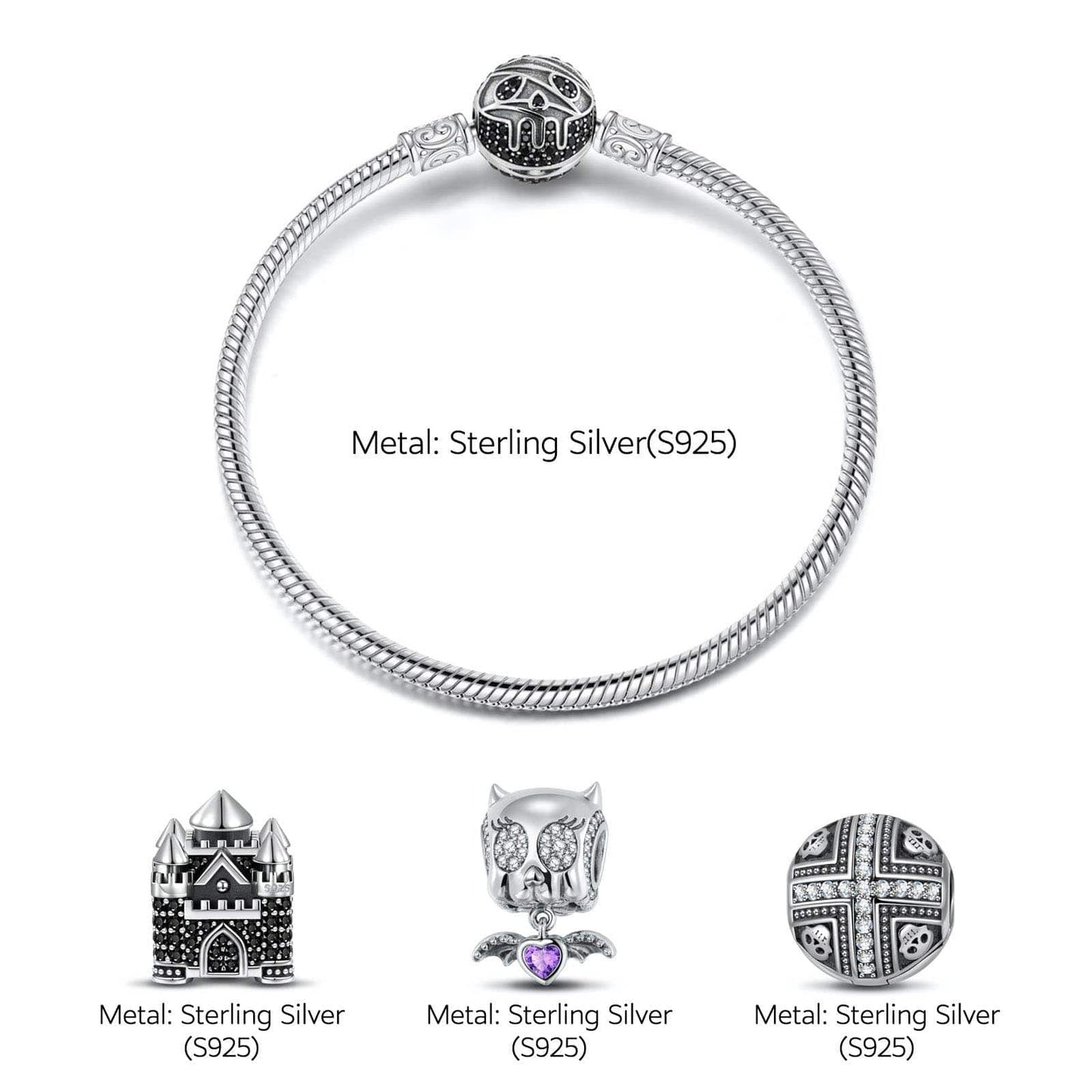 Sterling Silver Elf Castle Charms Bracelet Set With Enamel In White Gold Plated (Includes bracelet and all charms shown)