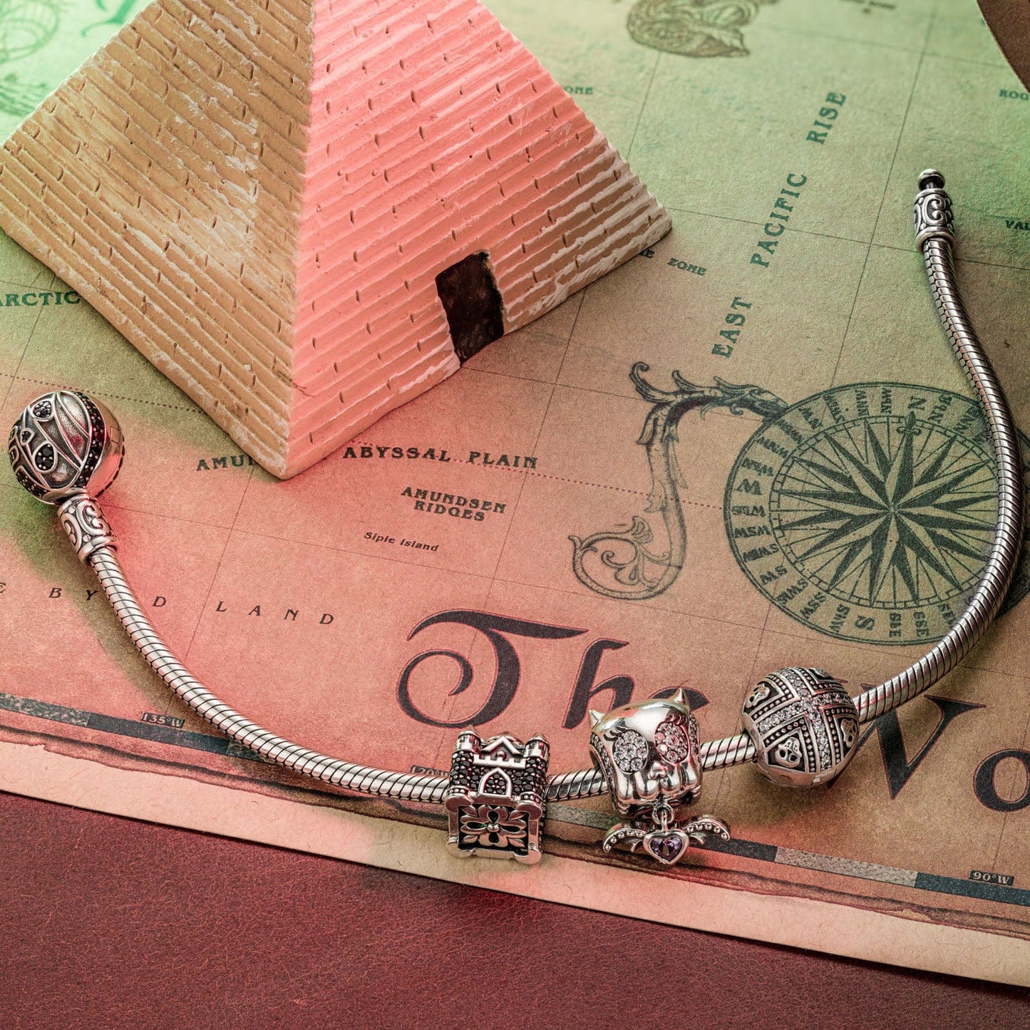 Sterling Silver Elf Castle Charms Bracelet Set With Enamel In White Gold Plated (Includes bracelet and all charms shown)