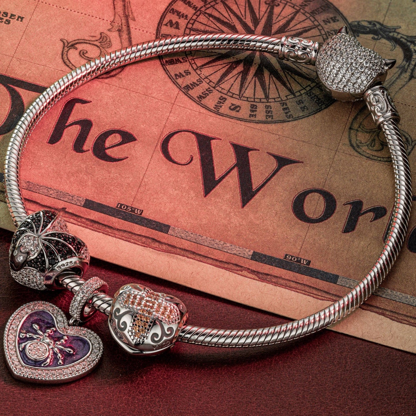 Sterling Silver Evil's Entrapment Charms Bracelet Set With Enamel In White Gold Plated (Includes bracelet and all charms shown)