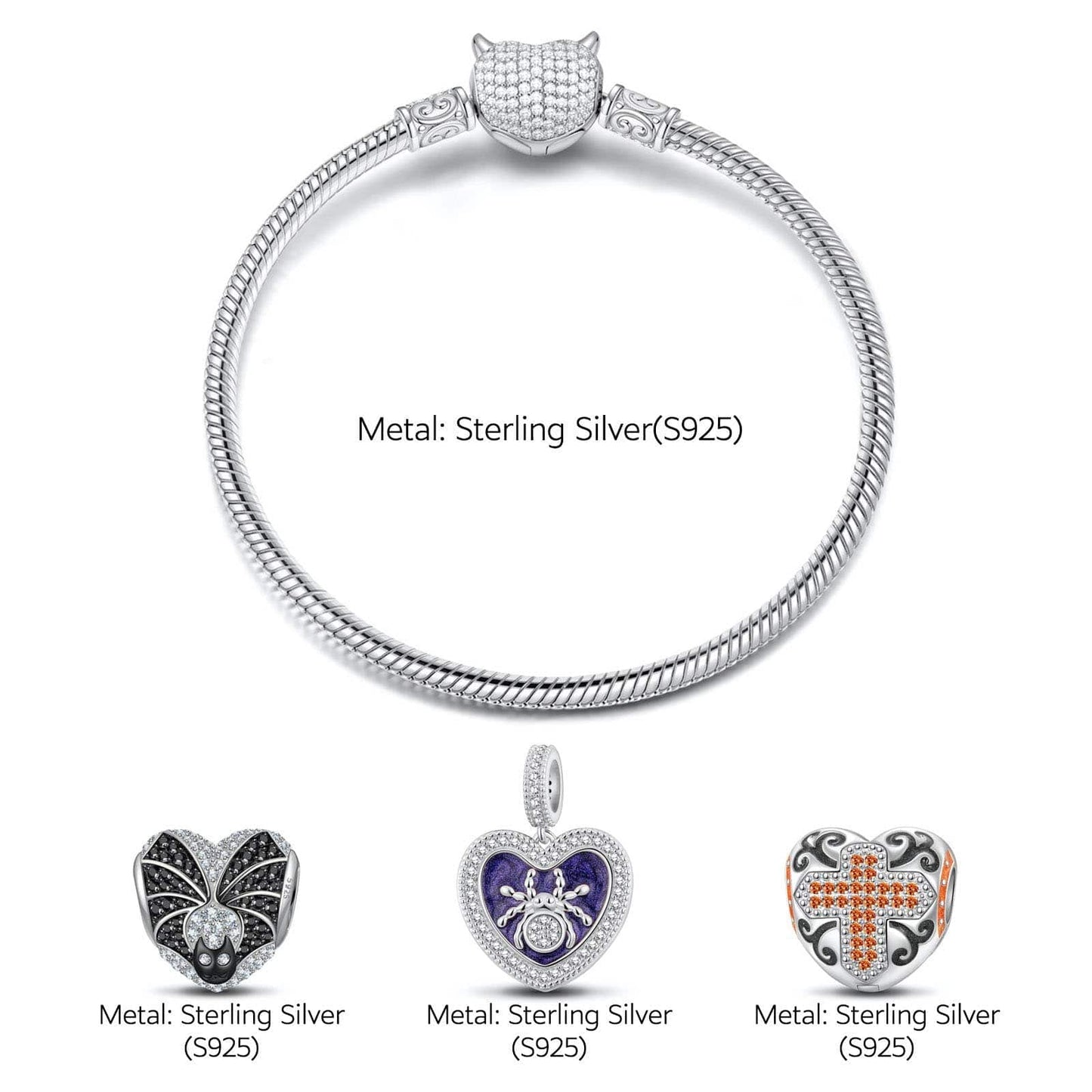 Sterling Silver Evil's Entrapment Charms Bracelet Set With Enamel In White Gold Plated (Includes bracelet and all charms shown)