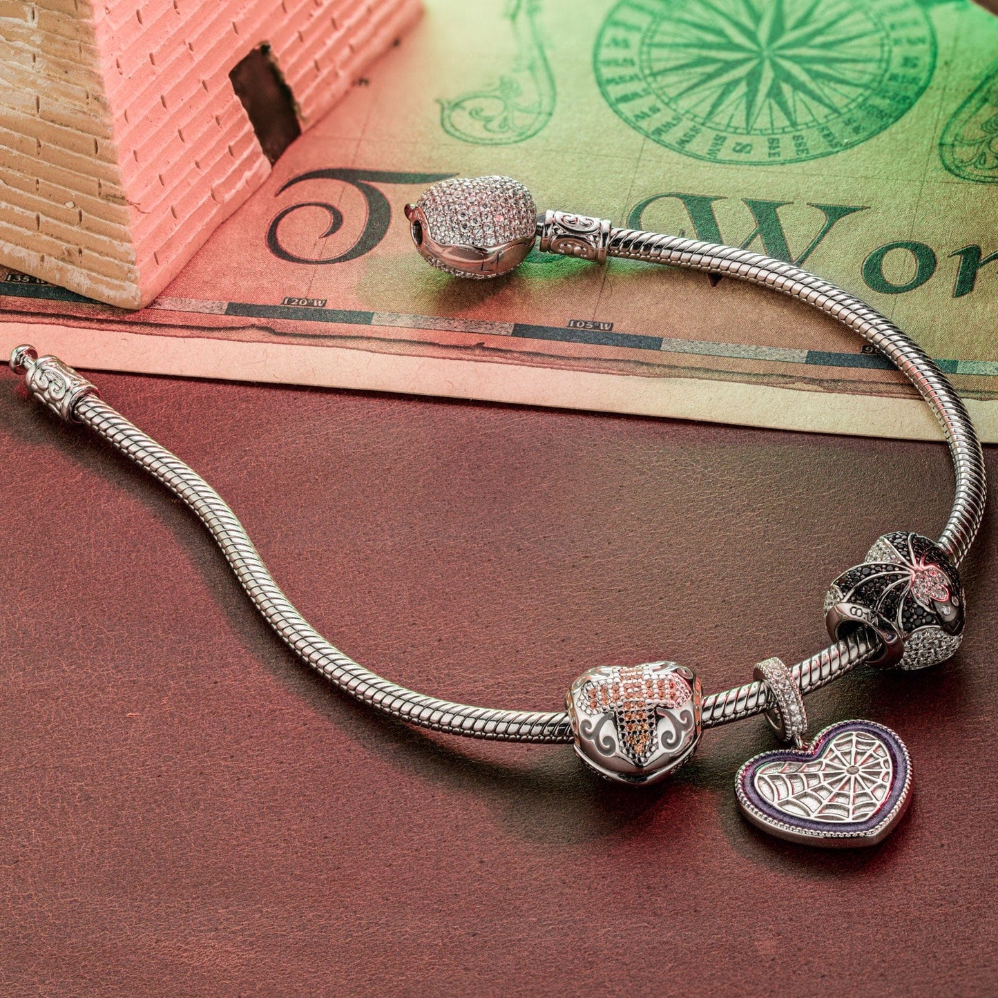 Sterling Silver Evil's Entrapment Charms Bracelet Set With Enamel In White Gold Plated (Includes bracelet and all charms shown)