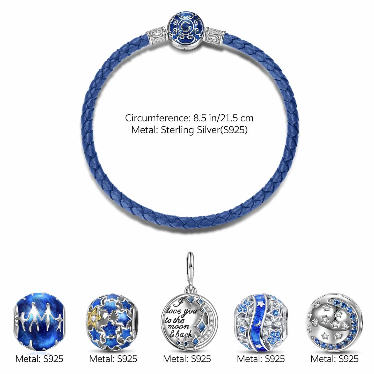 Sterling Silver My Blue Sky Charms Bracelet Set With Enamel In White Gold Plated