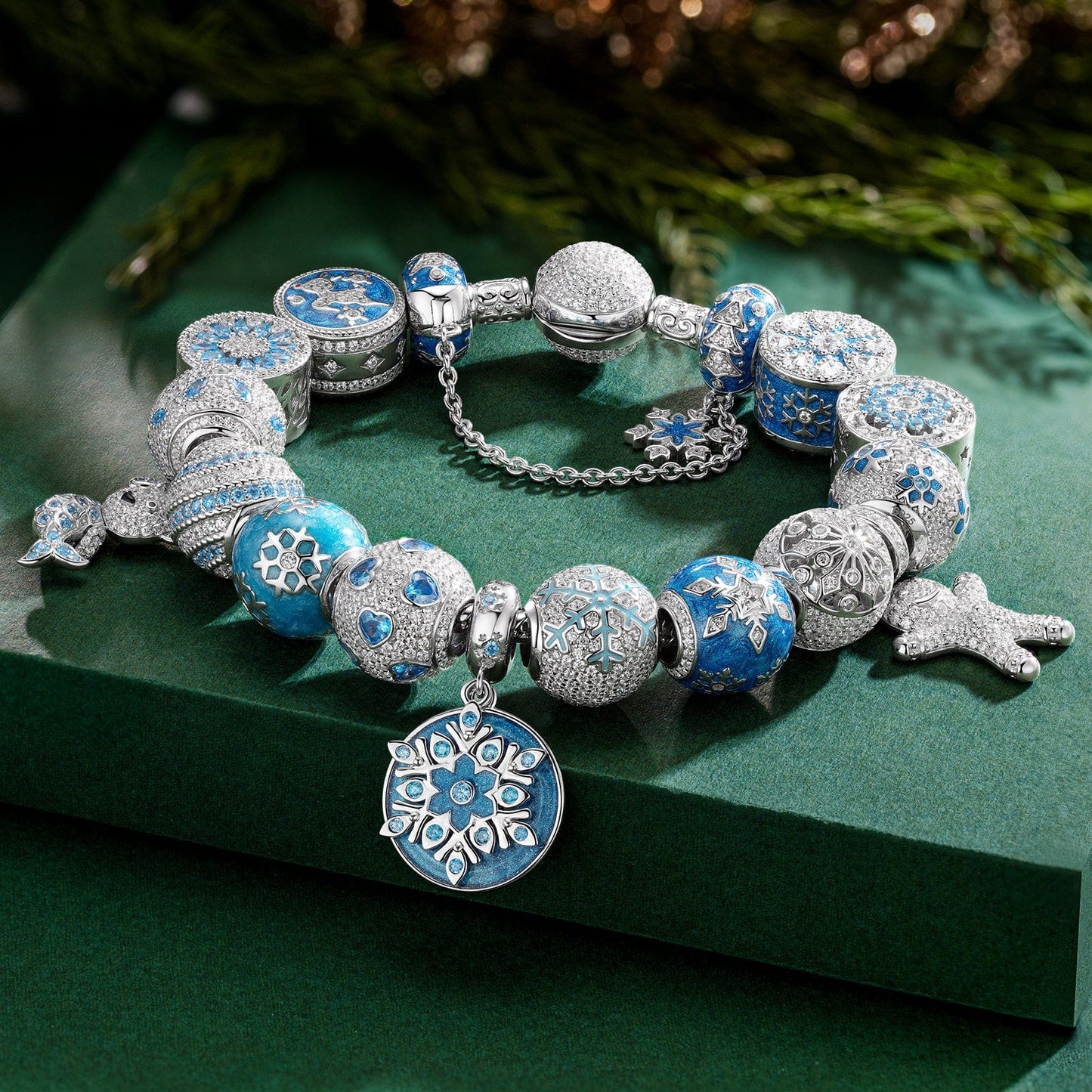 Sterling Silver Snow Queen's Delight Charms Bracelet Set With Enamel In White Gold Plated