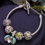 Sterling Silver Colorful Clover Charms Bracelet Set With Enamel In White Gold Plated