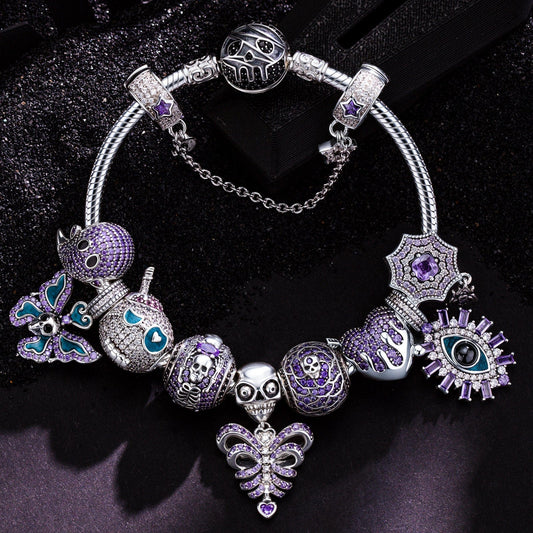 gona- Limited Edition Flash Sale: Sterling Silver Midnight Wraith Charms Bracelet Set With Enamel In White Gold Plated (Includes bracelet and all charms shown)
