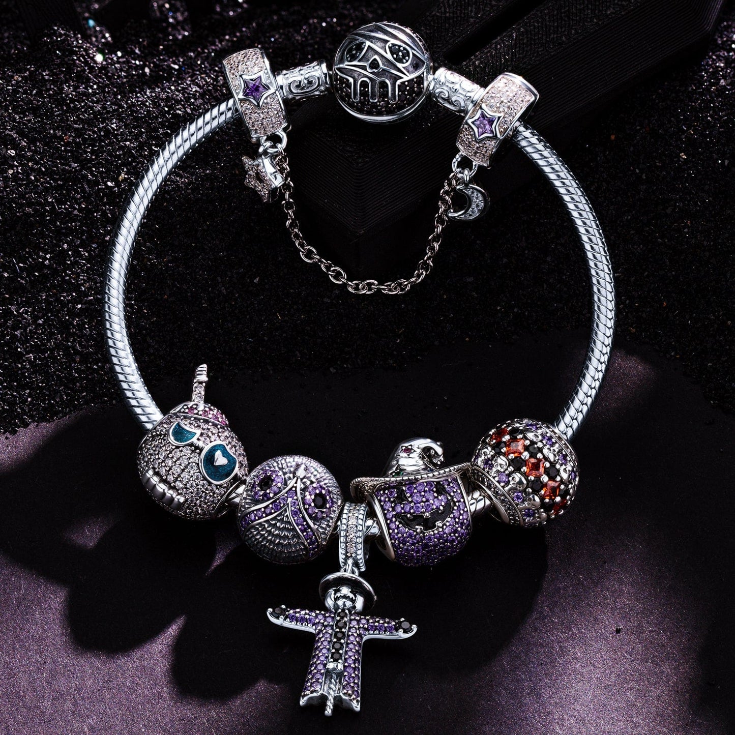 Sterling Silver Spooky Western Charms Bracelet Set With Enamel In White Gold Plated (Includes bracelet and all charms shown)