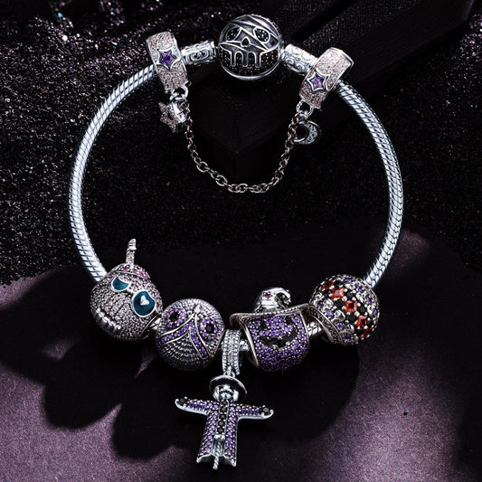 gona- Sterling Silver Spooky Western Charms Bracelet Set With Enamel In White Gold Plated (Includes bracelet and all charms shown)