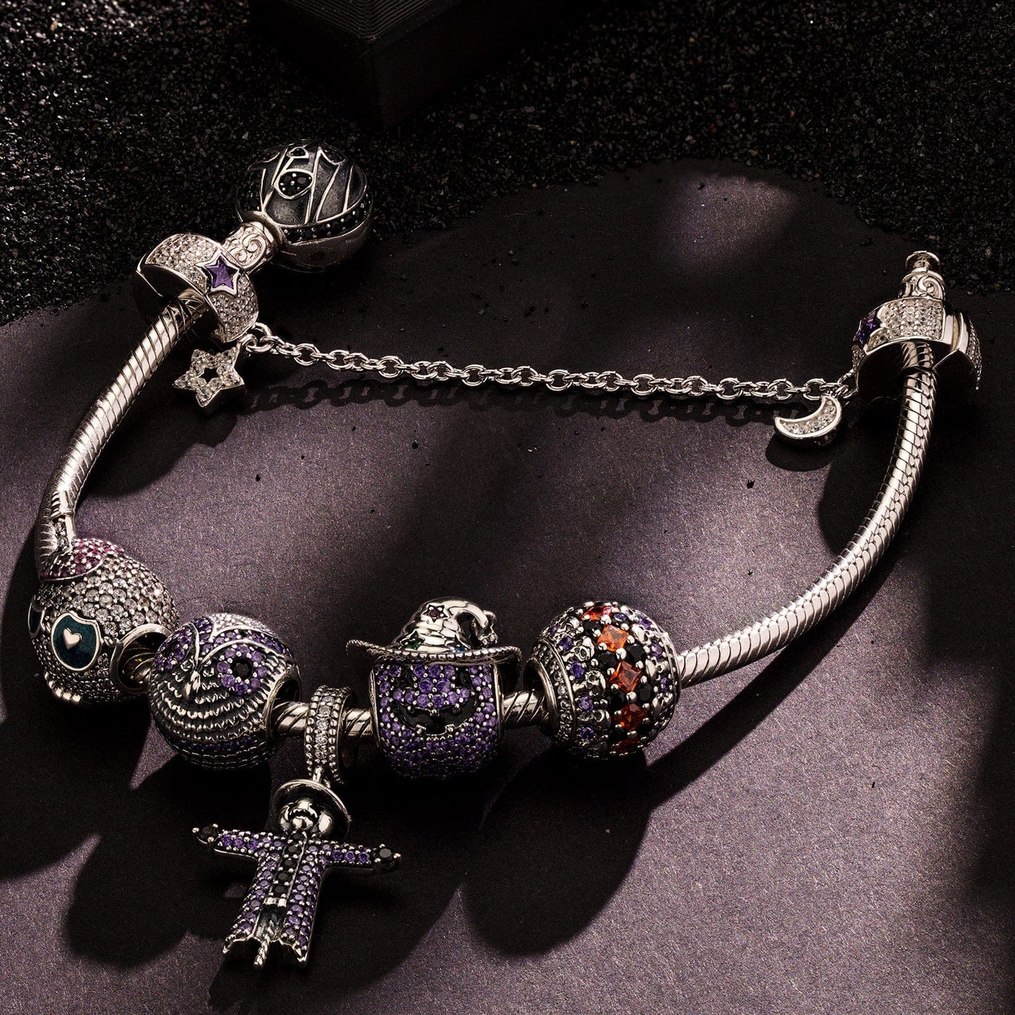 Sterling Silver Spooky Western Charms Bracelet Set With Enamel In White Gold Plated (Includes bracelet and all charms shown)