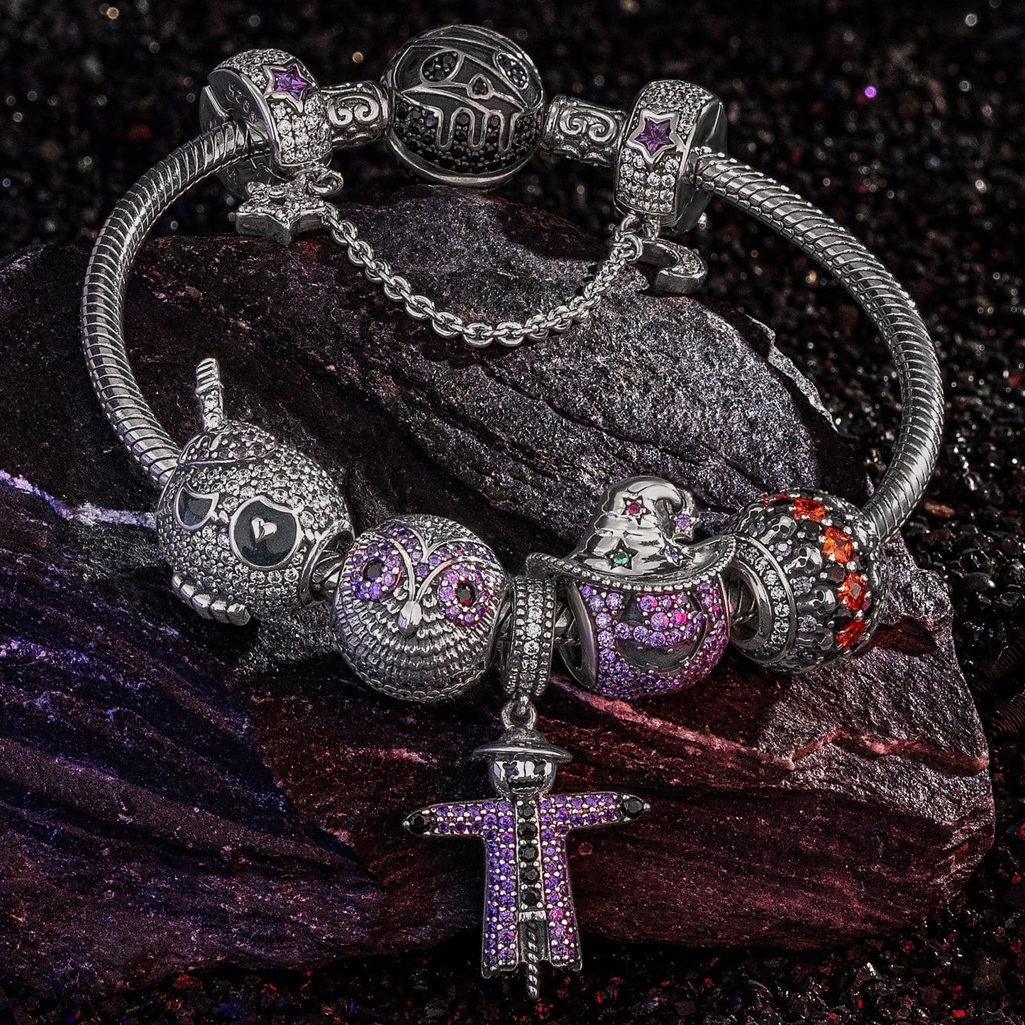 Sterling Silver Spooky Western Charms Bracelet Set With Enamel In White Gold Plated (Includes bracelet and all charms shown)