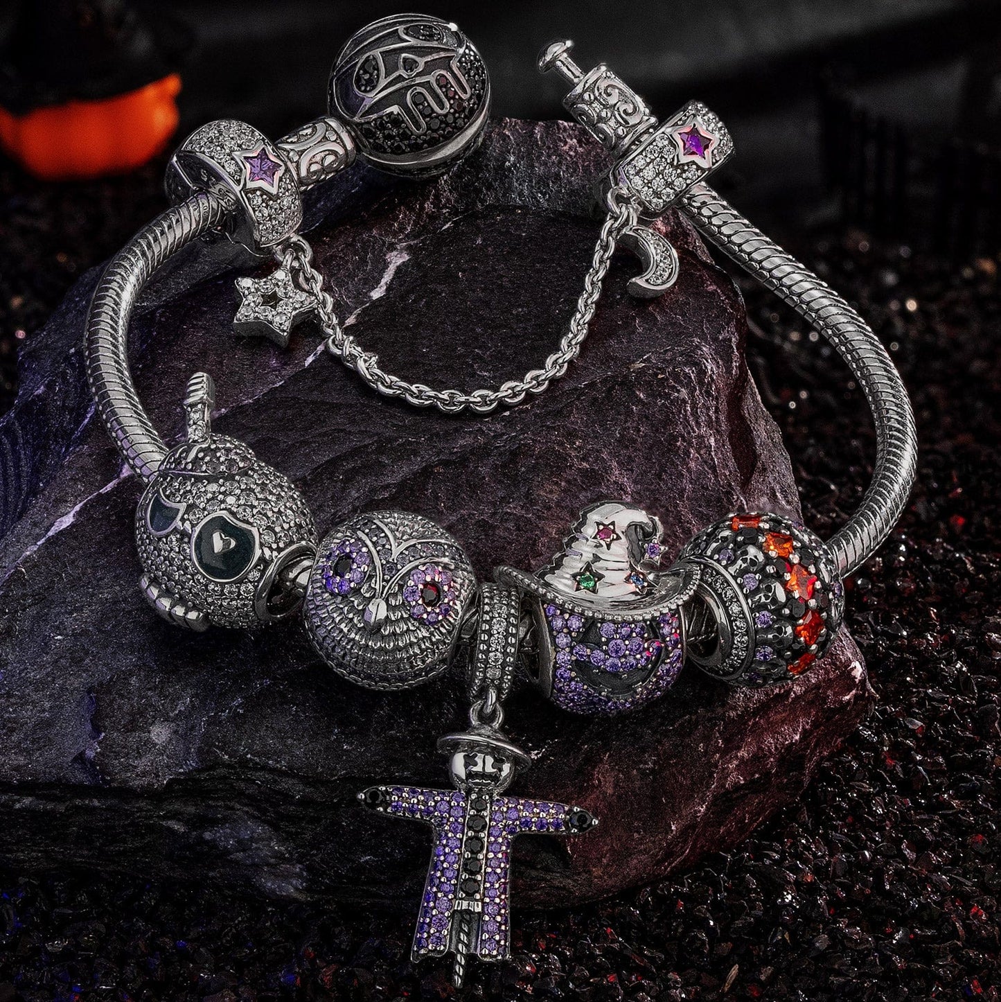Sterling Silver Spooky Western Charms Bracelet Set With Enamel In White Gold Plated (Includes bracelet and all charms shown)
