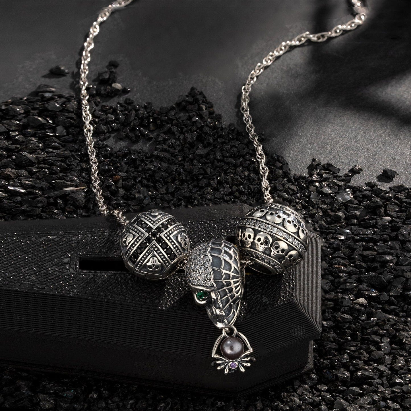 Sterling Silver Spectral Shine Charms Necklace Set With Enamel In White Gold Plated