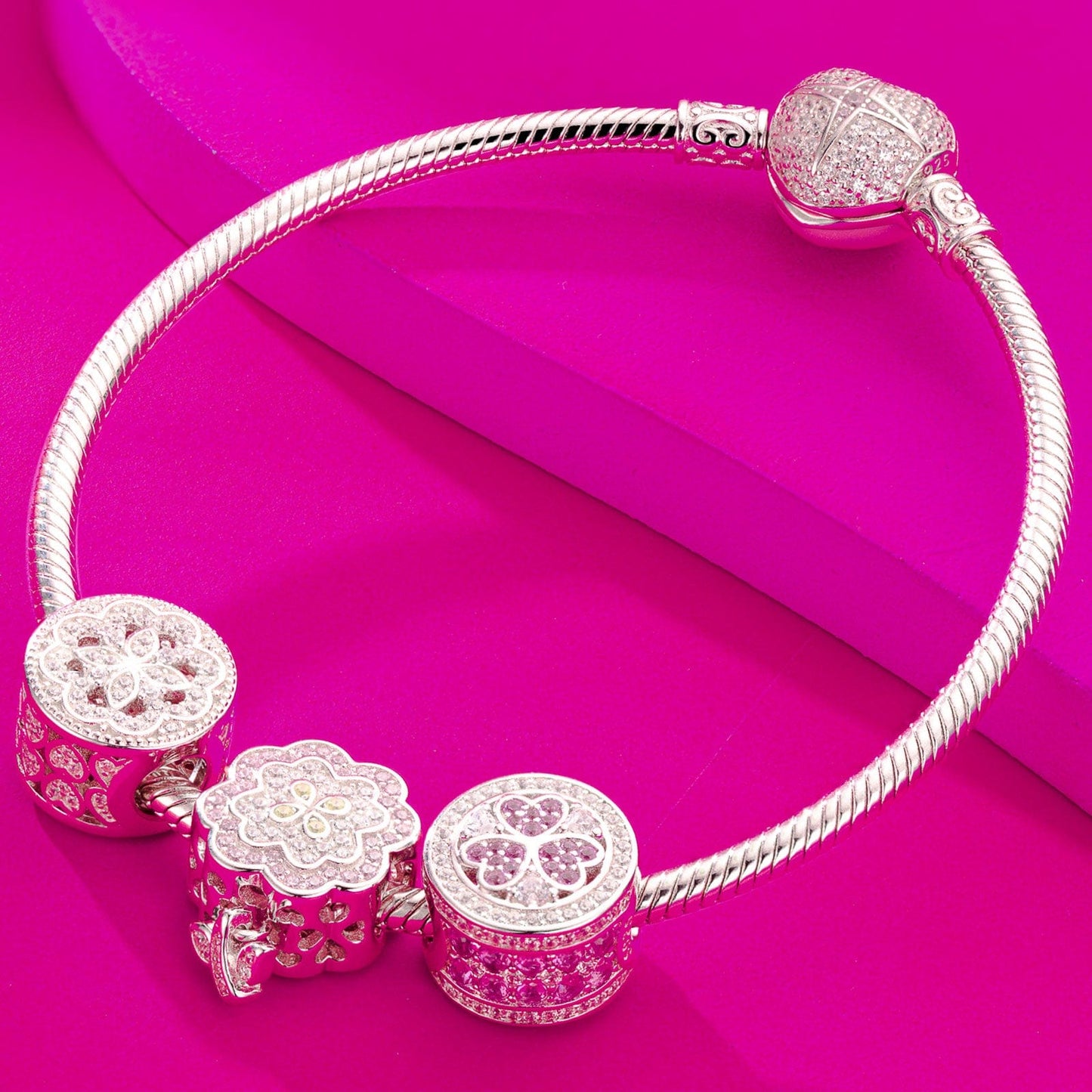 Sterling Silver Pink Flowers Charms Bracelet Set With Enamel In White Gold Plated (Includes bracelet and all charms shown)