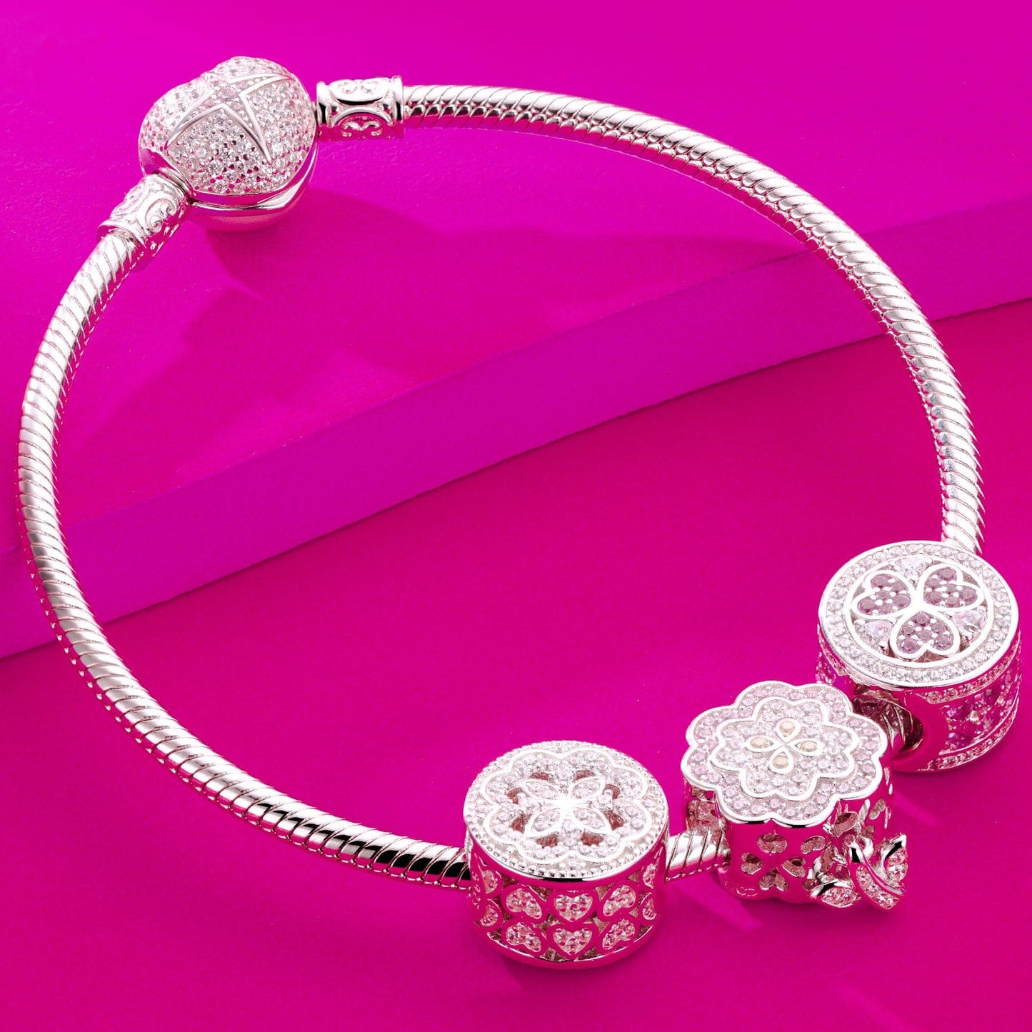Sterling Silver Pink Flowers Charms Bracelet Set With Enamel In White Gold Plated (Includes bracelet and all charms shown)