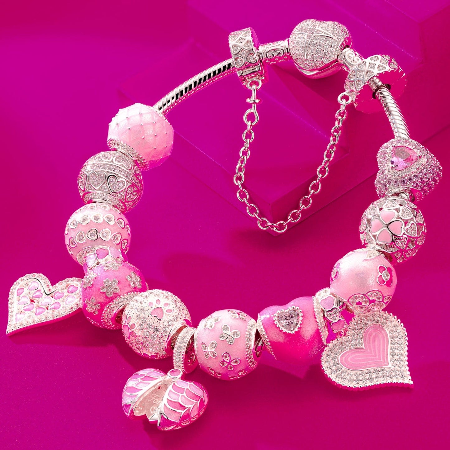 Sterling Silver Barbie Land Charms Bracelet Set With Enamel In White Gold Plated (Includes bracelet and all charms shown)