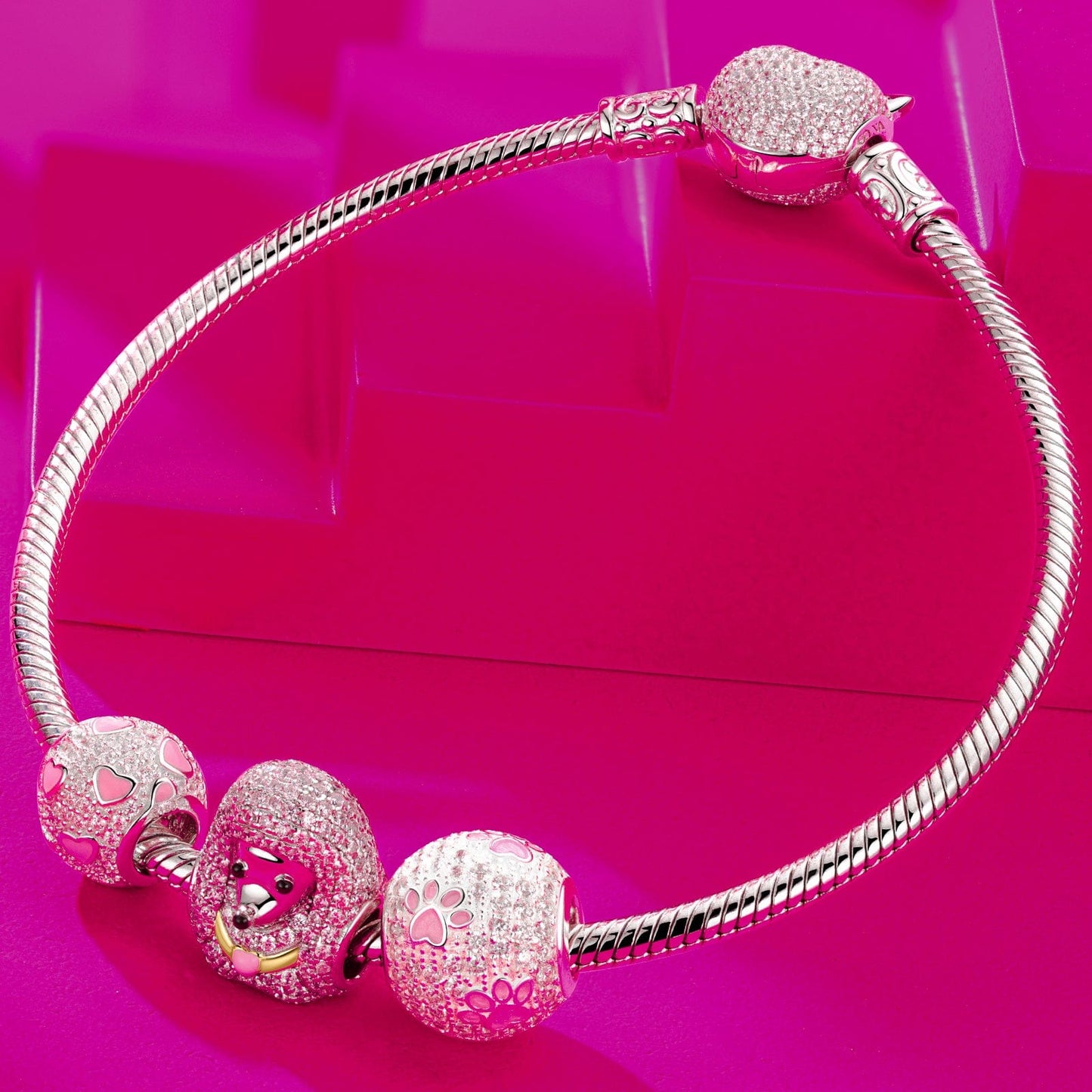 Sterling Silver Cute Poodle Charms Bracelet Set With Enamel In White Gold Plated (Includes bracelet and all charms shown)