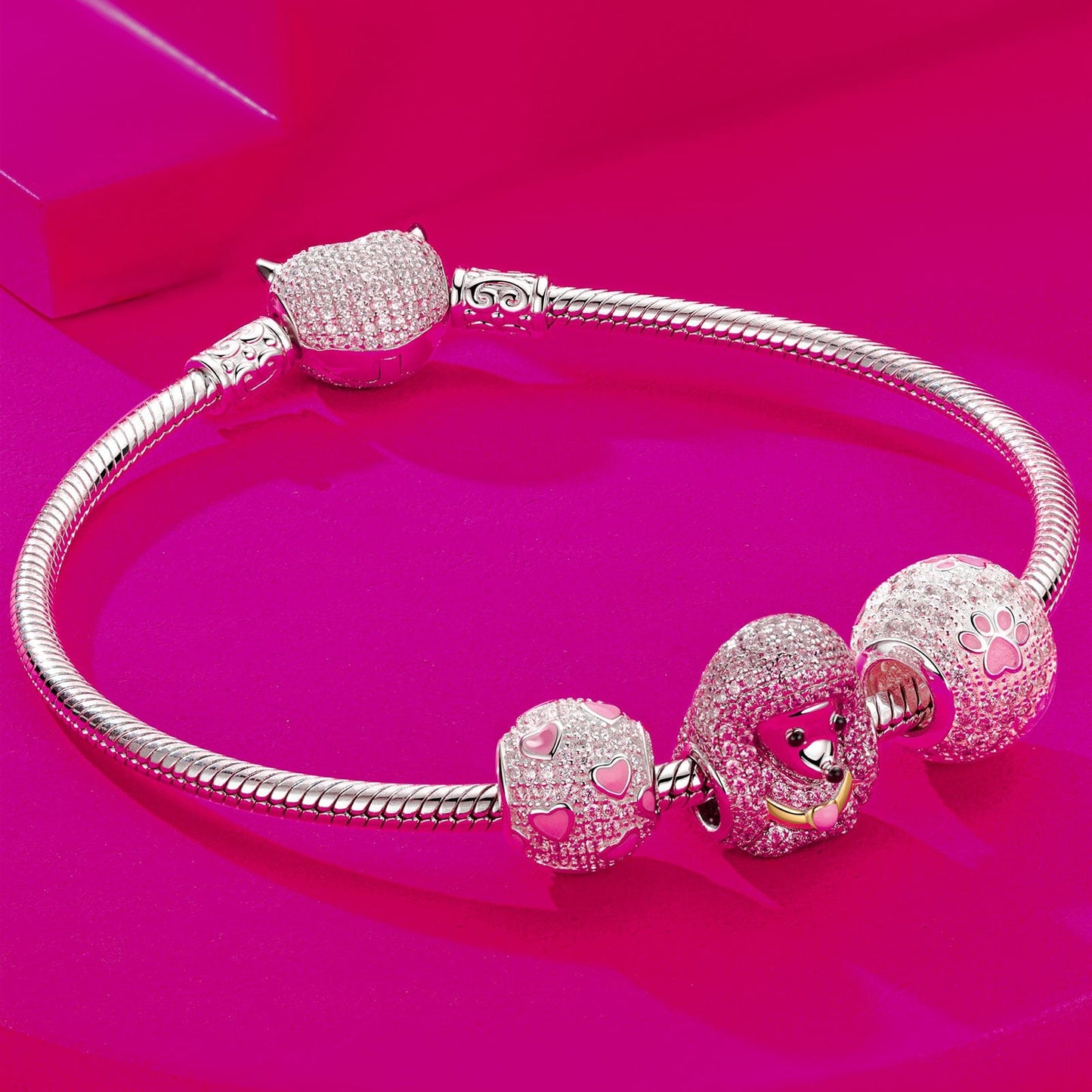 Sterling Silver Cute Poodle Charms Bracelet Set With Enamel In White Gold Plated (Includes bracelet and all charms shown)