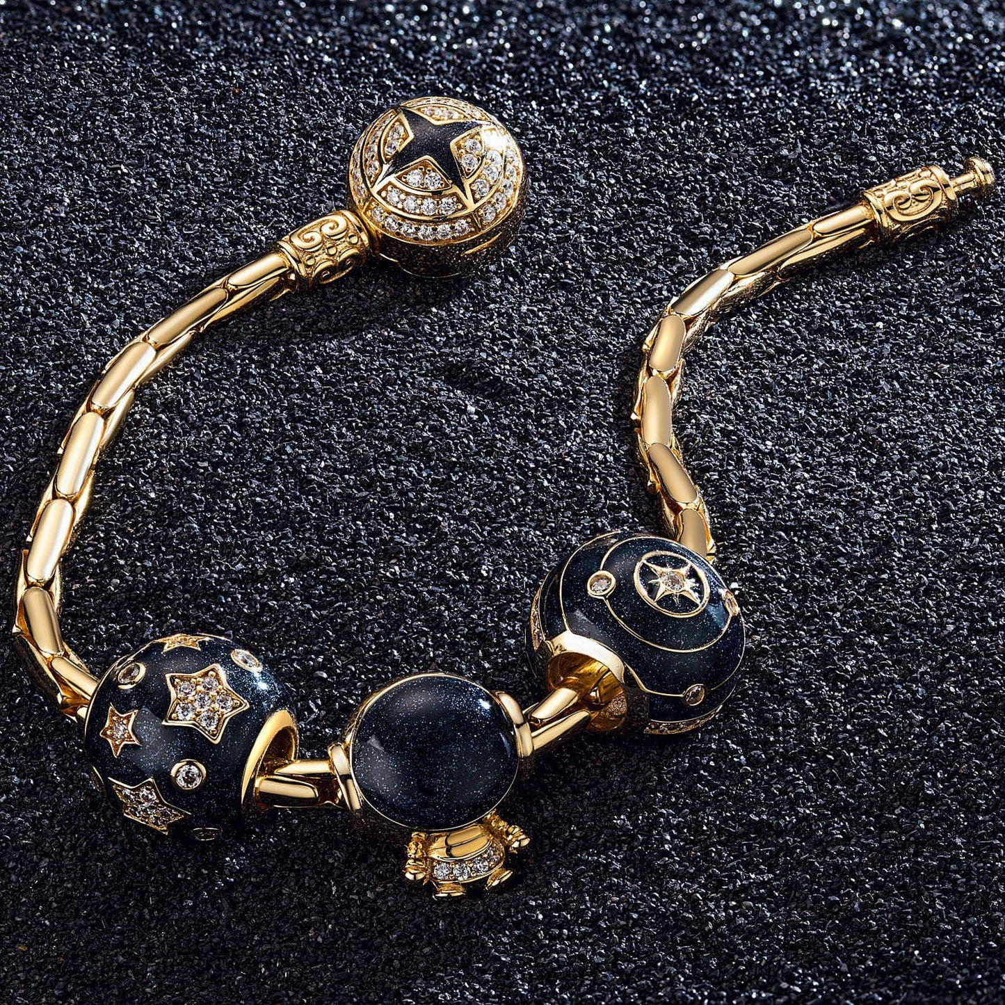 Sterling Silver Astronauts and Galaxies Bamboo Chain Charms Bracelet Set With Enamel In 14K Gold Plated (Includes bracelet and all charms shown)