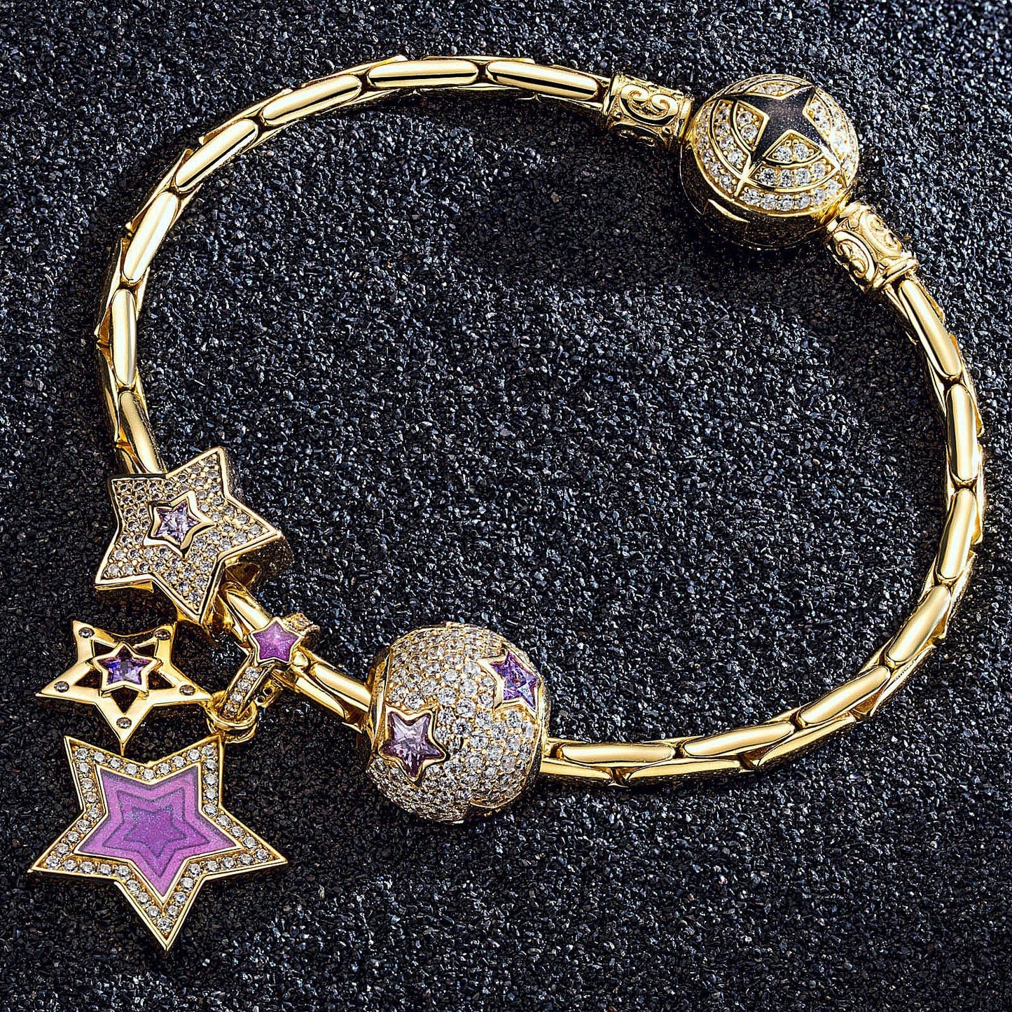 Sterling Silver Purple Star Charms Bracelet Set With Enamel In 14K Gold Plated (Includes bracelet and all charms shown)
