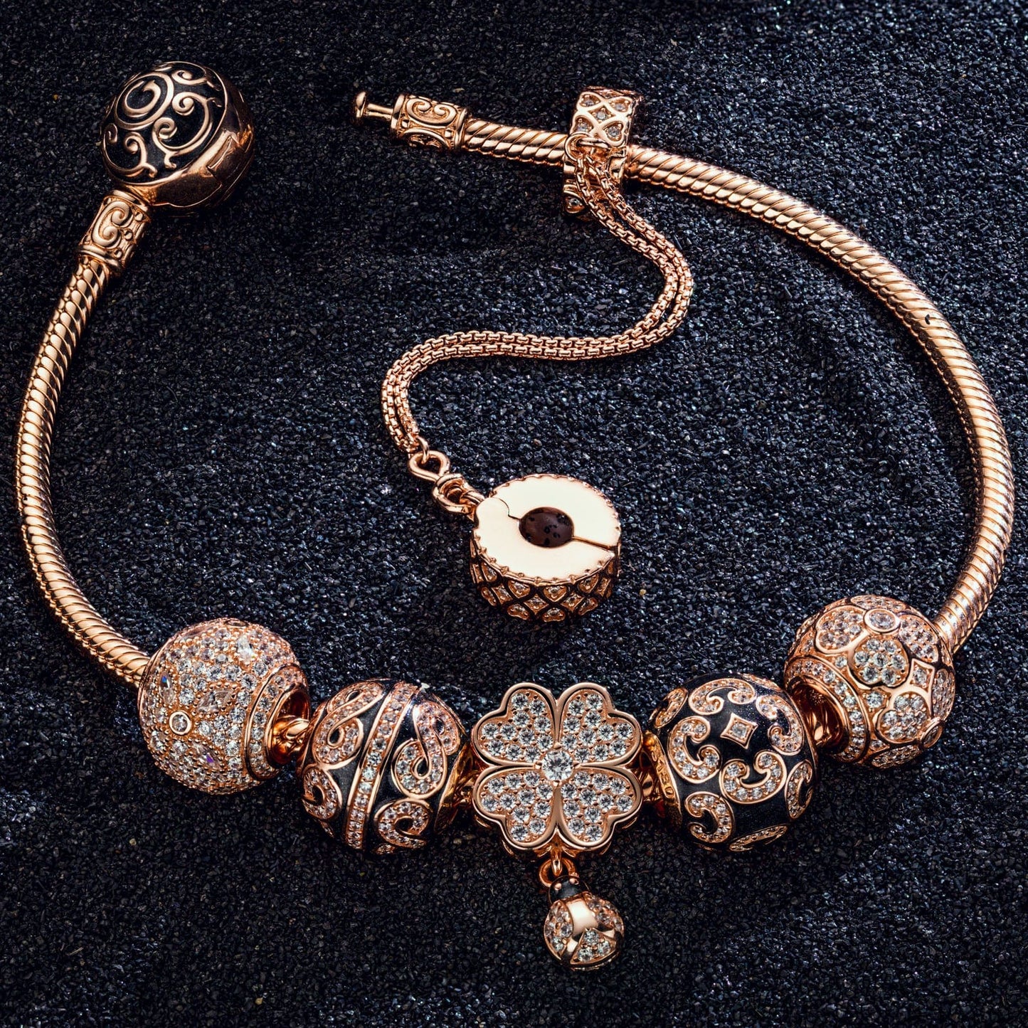 Lucky Four-Leaf Clover Tarnish-resistant Silver Charms Bracelet Set With Enamel In Rose Gold Plated (Includes bracelet and all charms shown)