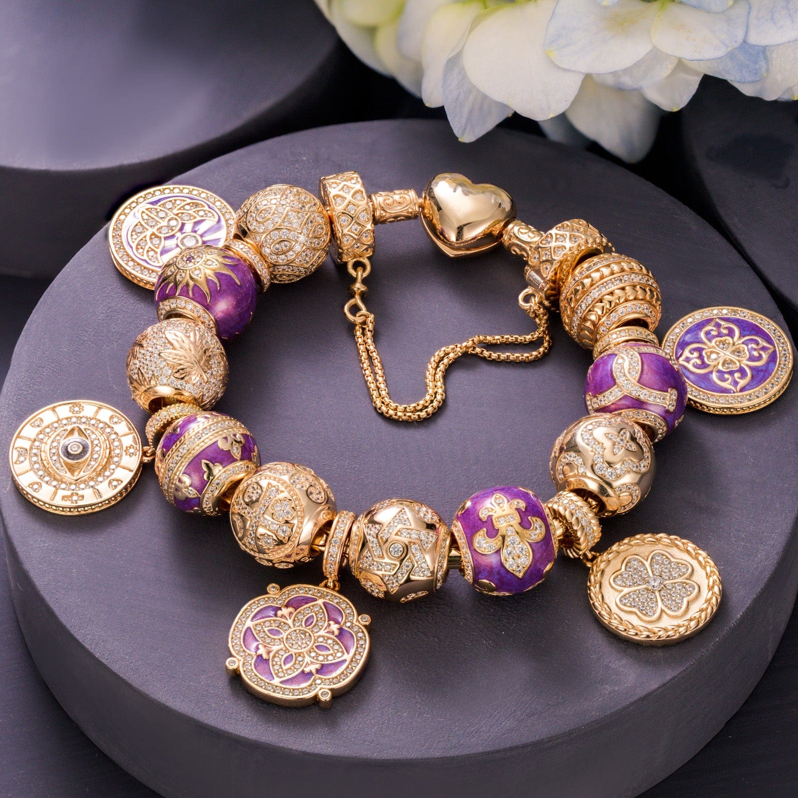 STERLING SILVER PURPLE ROMANTIC CHARMS BRACELET SET WITH ENAMEL IN 14K sterling-silver-purple-romantic-charms-bracelet-set-with-enamel-in-14k