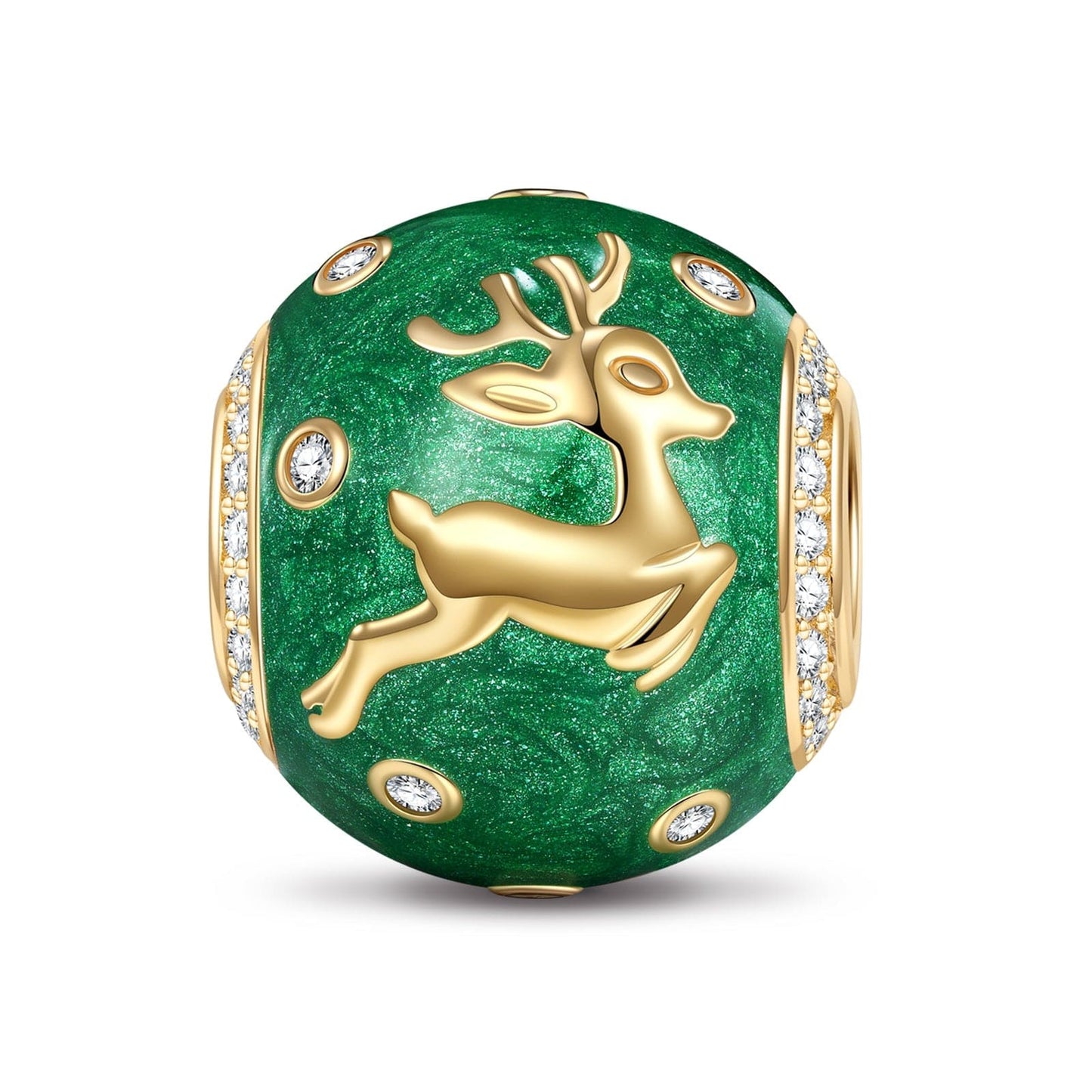 Reindeer Christmas Eve Green Tarnish-resistant Silver Charms With Enamel In 14K Gold Plated
