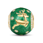 Reindeer Christmas Eve Green Tarnish-resistant Silver Charms With Enamel In 14K Gold Plated