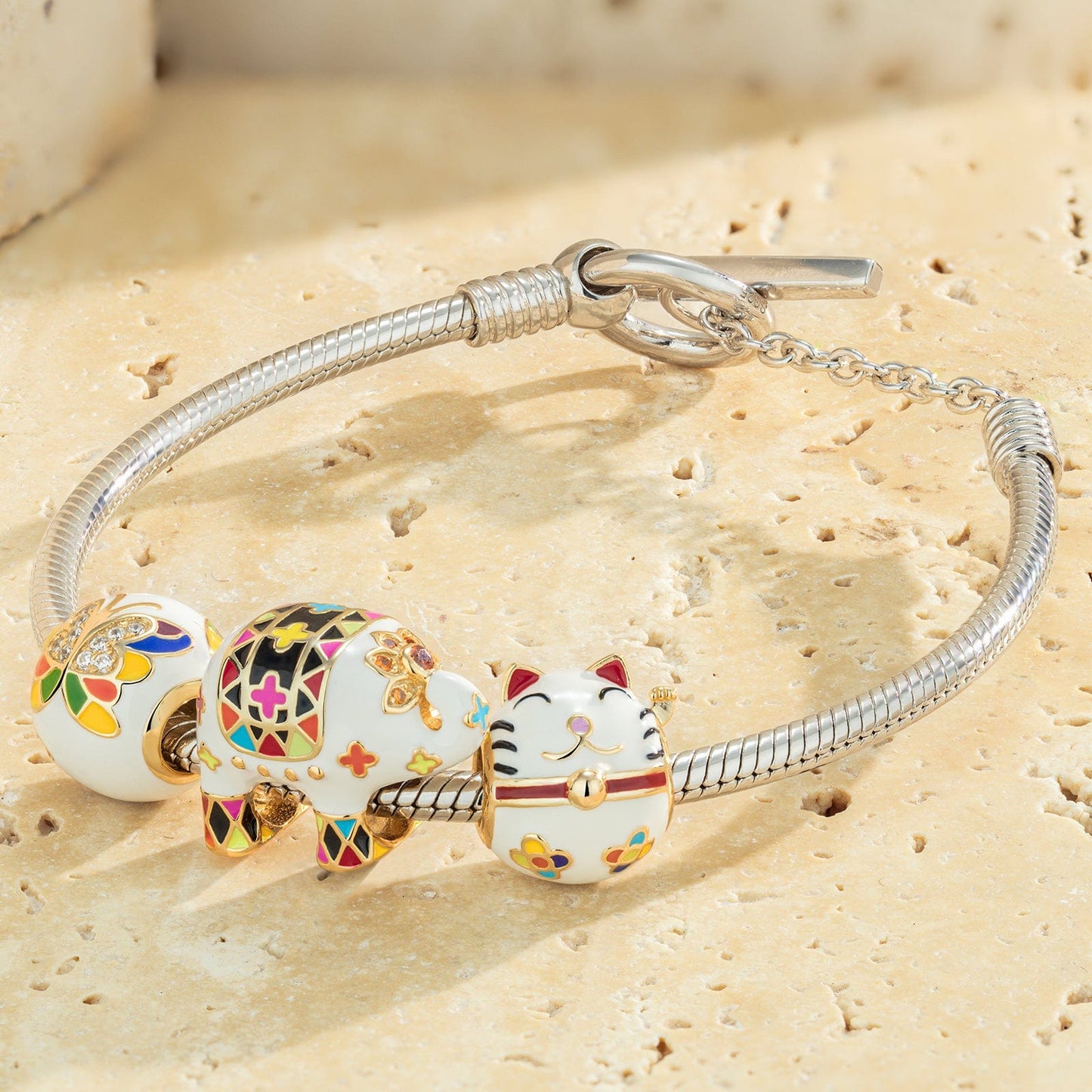 Sterling Silver Animals Party Charms Bracelet Set With Enamel In White Gold Plated