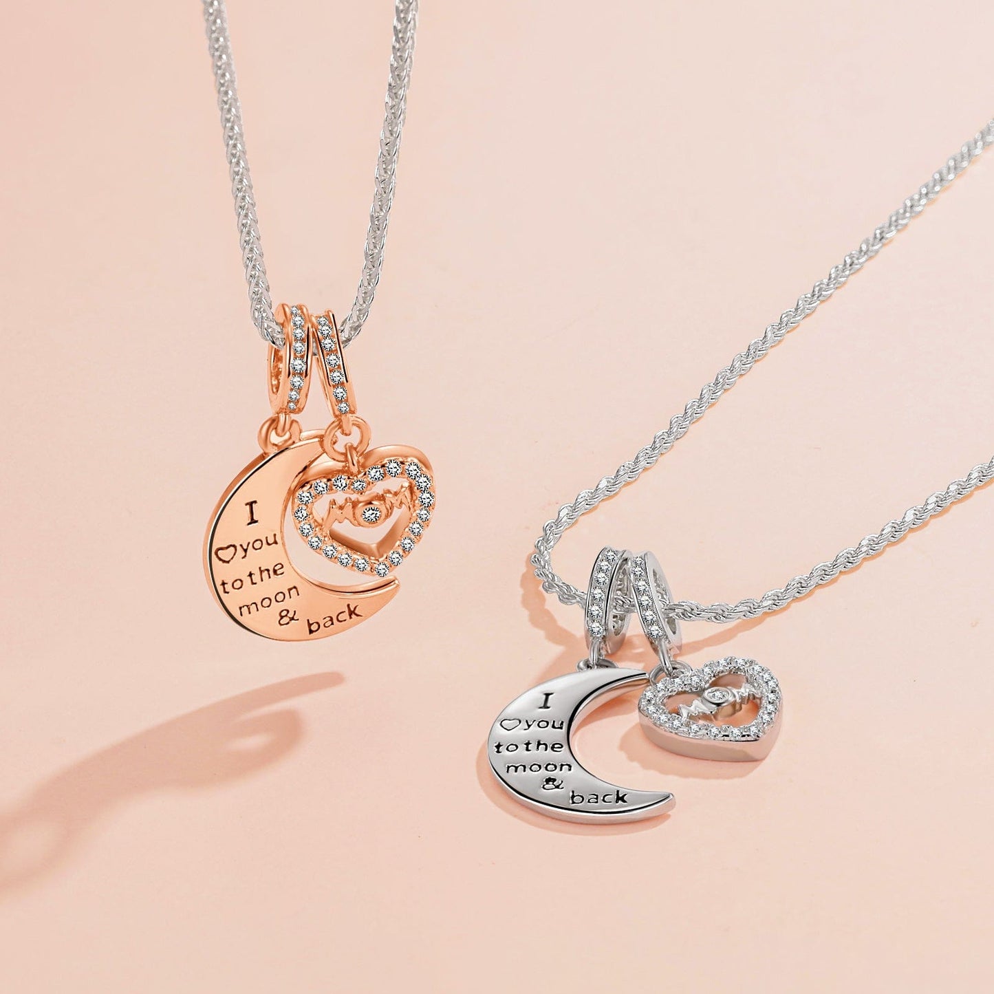 Sterling Silver Moon & Love To Mom Dangle Charms With Enamel In Rose Gold Plated