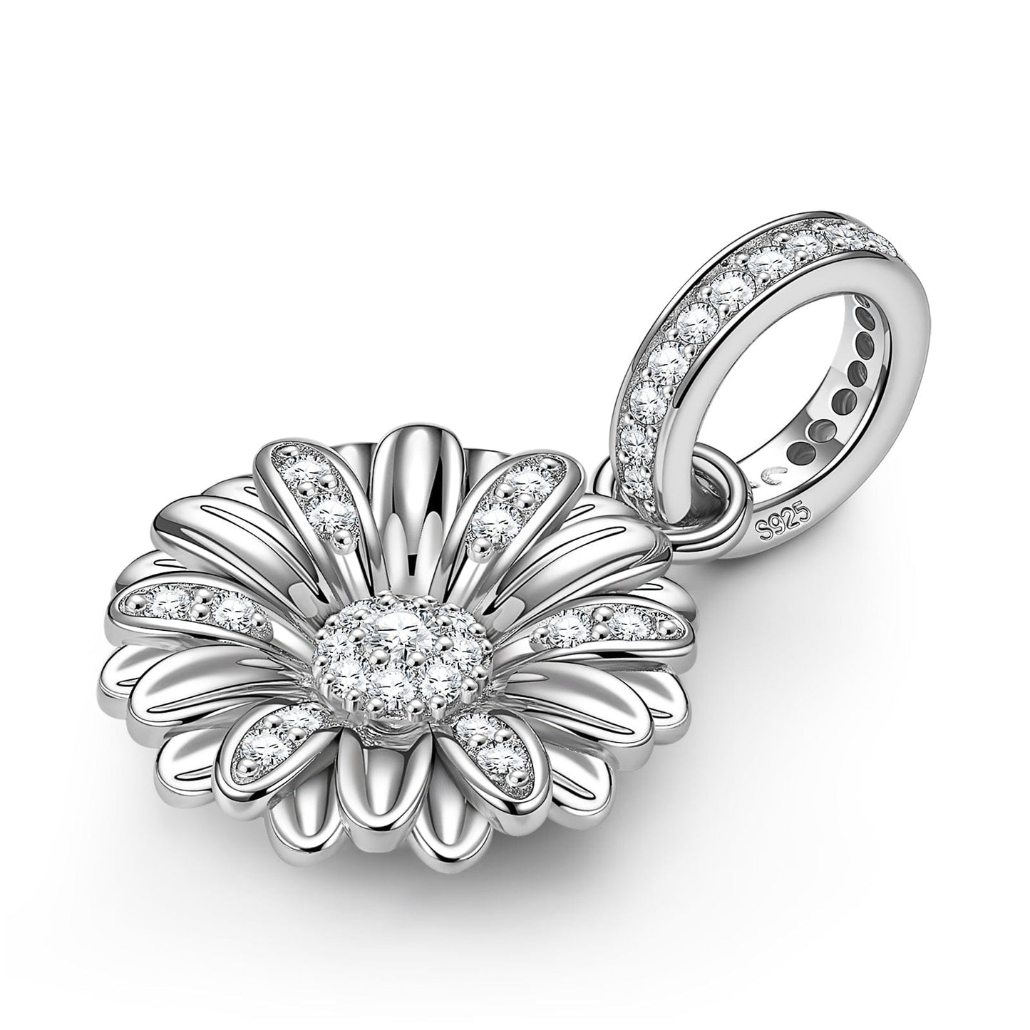Sterling Silver Gerbera Dangle Charms In White Gold Plated
