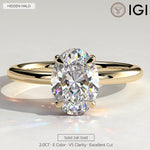 2ct IGI Certified Oval Lab-Grown Diamond Ring with Hidden Halo & Claw Setting in Solid 14K Yellow Gold (Includes IGI Certification from International Gemological Institute)