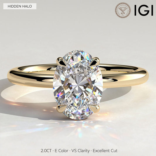 gona- 2ct IGI Certified Oval Lab-Grown Diamond Ring with Hidden Halo & Claw Setting Tarnish-resistant Silver In 14K Gold Plated (Includes IGI Certification from International Gemological Institute)