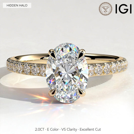 gona- 2ct Oval Lab-Grown Diamond Ring with Hidden Halo & Pave Band Cathedral Setting Tarnish-resistant Silver In 14K Gold Plated (Includes IGI Certification from International Gemological Institute)