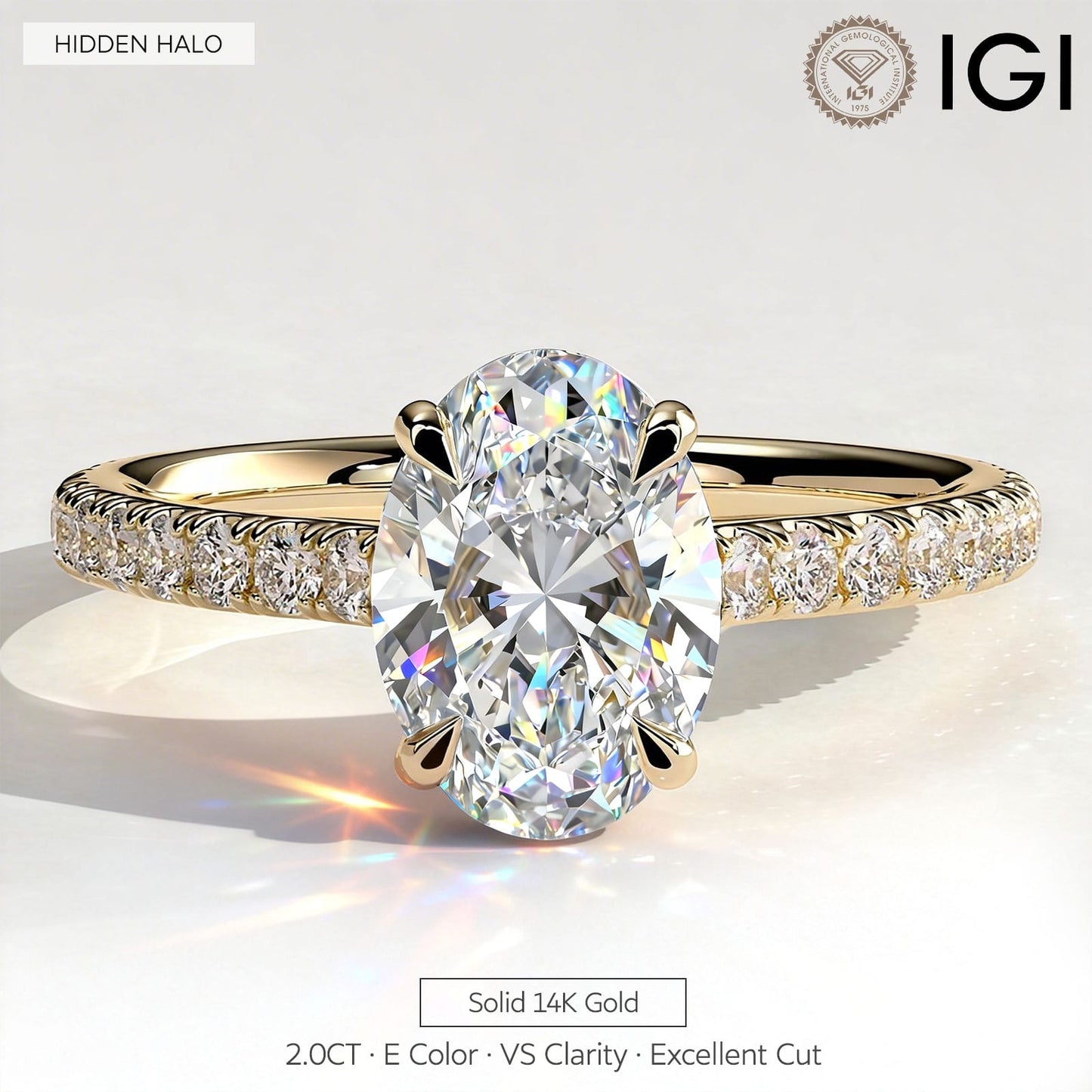 2ct Oval Lab-Grown Diamond Ring with Hidden Halo & Pave Band Cathedral Setting in Solid 14K Yellow Gold (Includes IGI Certification from International Gemological Institute)