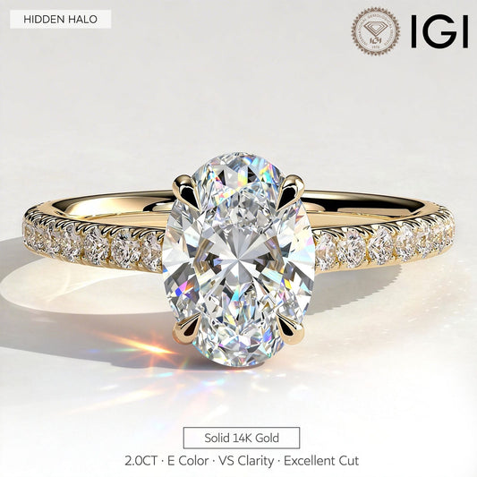 gona- 2ct Oval Lab-Grown Diamond Ring with Hidden Halo & Pave Band Cathedral Setting in Solid 14K Yellow Gold (Includes IGI Certification from International Gemological Institute)
