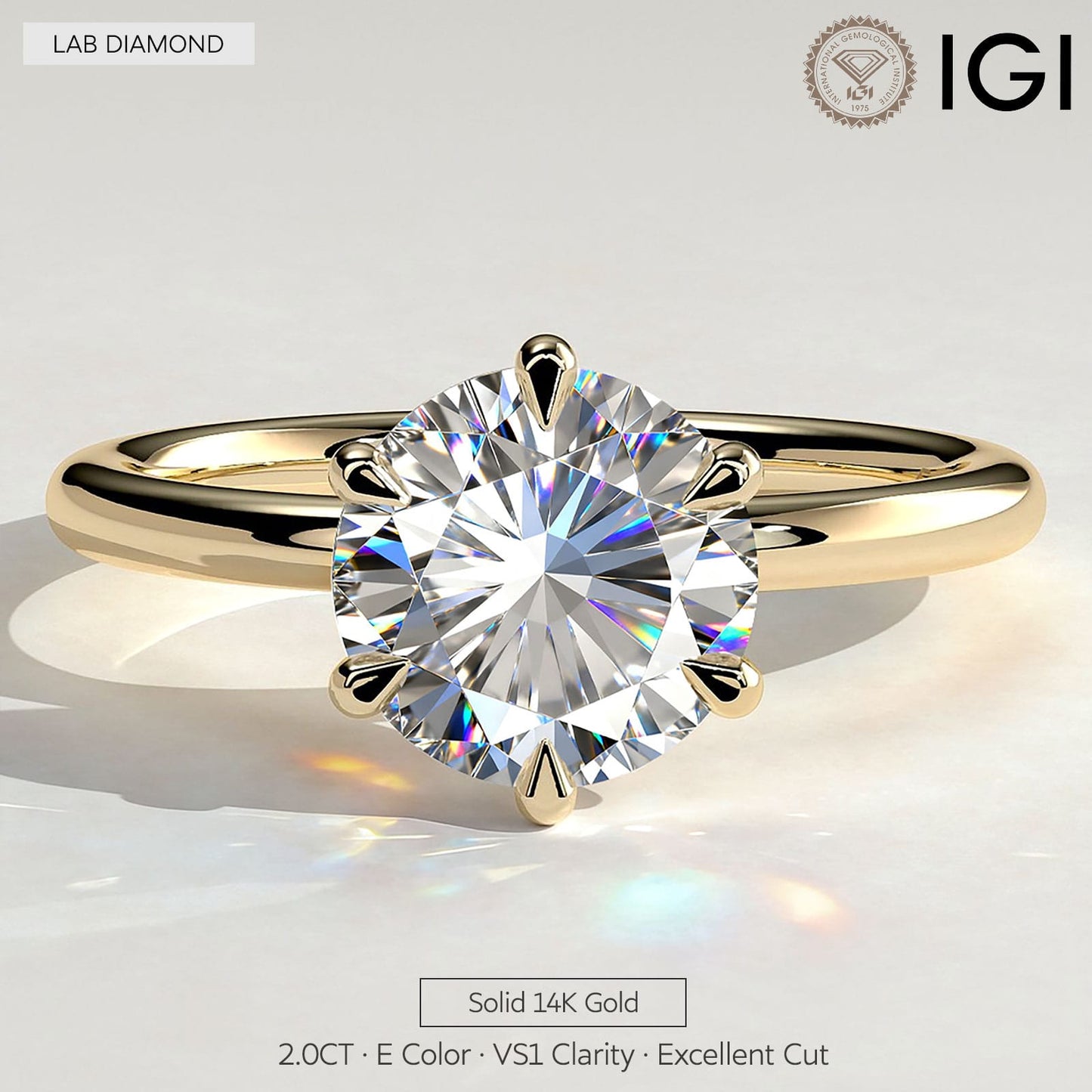 2ct Round Lab-Grown Diamond Solitaire Ring with Claw Setting in Solid 14K Yellow Gold (Includes IGI Certification from International Gemological Institute)