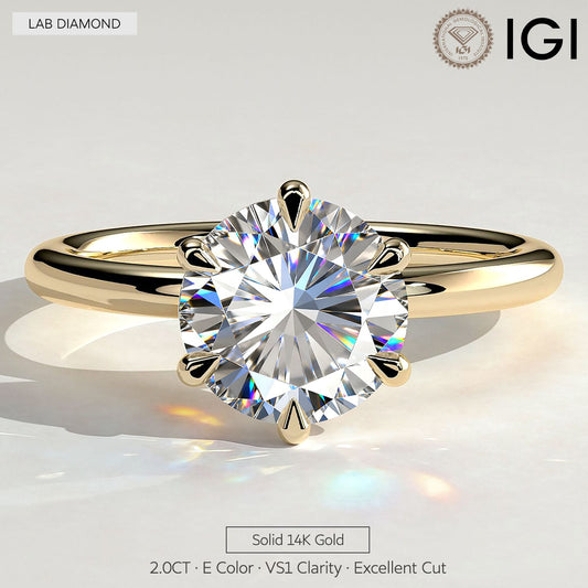 gona- 2ct Round Lab-Grown Diamond Solitaire Ring with Claw Setting in Solid 14K Yellow Gold (Includes IGI Certification from International Gemological Institute)