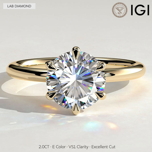 gona- 2ct Round Lab-Grown Diamond Solitaire Ring with Claw Setting Tarnish-resistant Silver In 14K Gold Plated (Includes IGI Certification from International Gemological Institute)